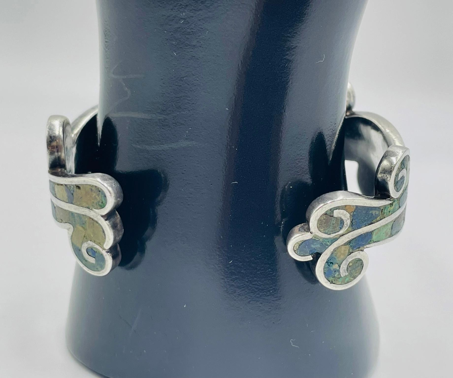 Los Castillo “Mosaico Azteca” Sterling Silver, Azurite & Lapis Inlay Cuff Bracel For Sale 3