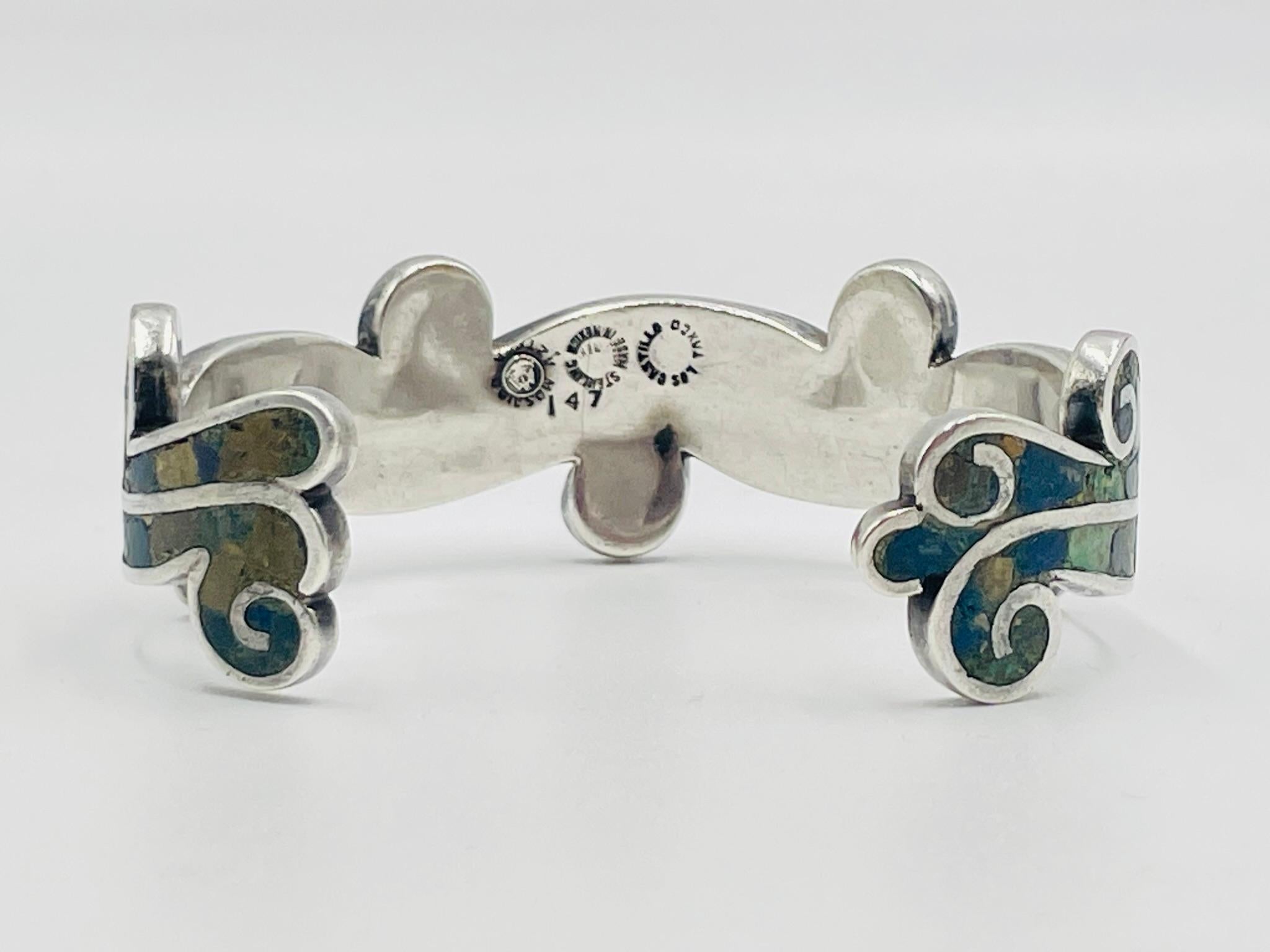 Los Castillo “Mosaico Azteca” Sterling Silver, Azurite & Lapis Inlay Cuff Bracel For Sale 5