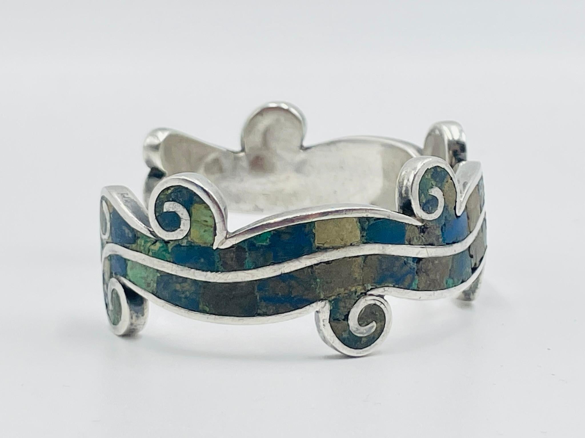Los Castillo “Mosaico Azteca” Sterling Silver, Azurite & Lapis Inlay Cuff Bracel For Sale 6