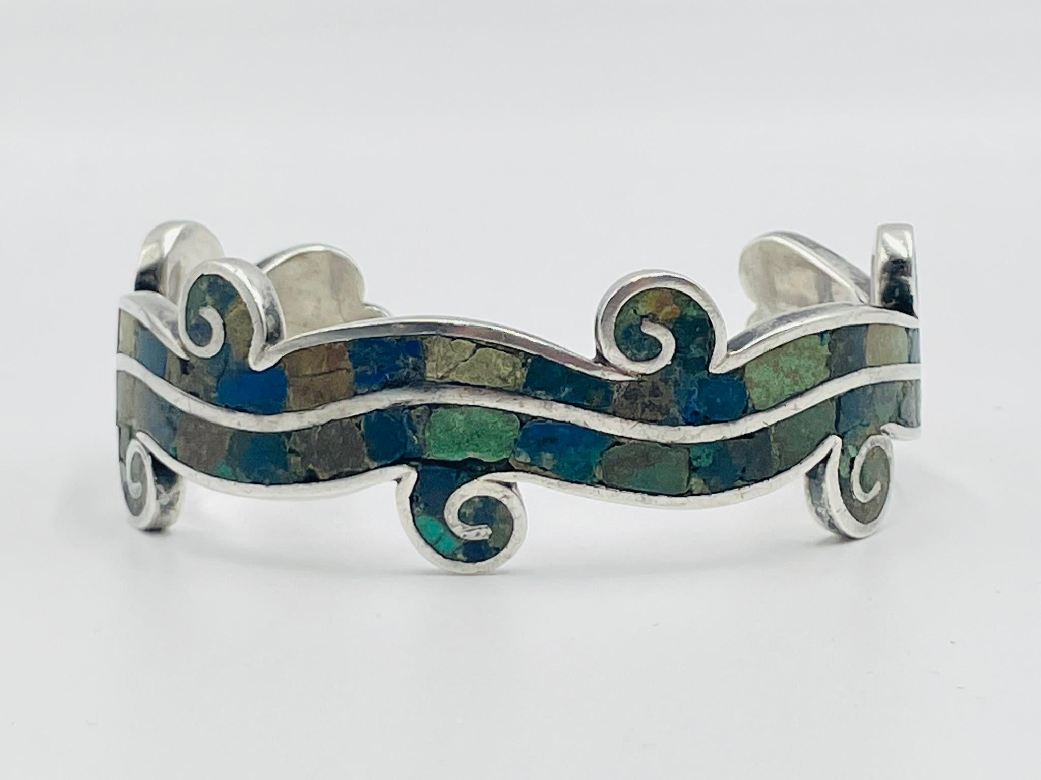 Los Castillo “Mosaico Azteca” Sterling Silver, Azurite & Lapis Inlay Cuff Bracel For Sale 7