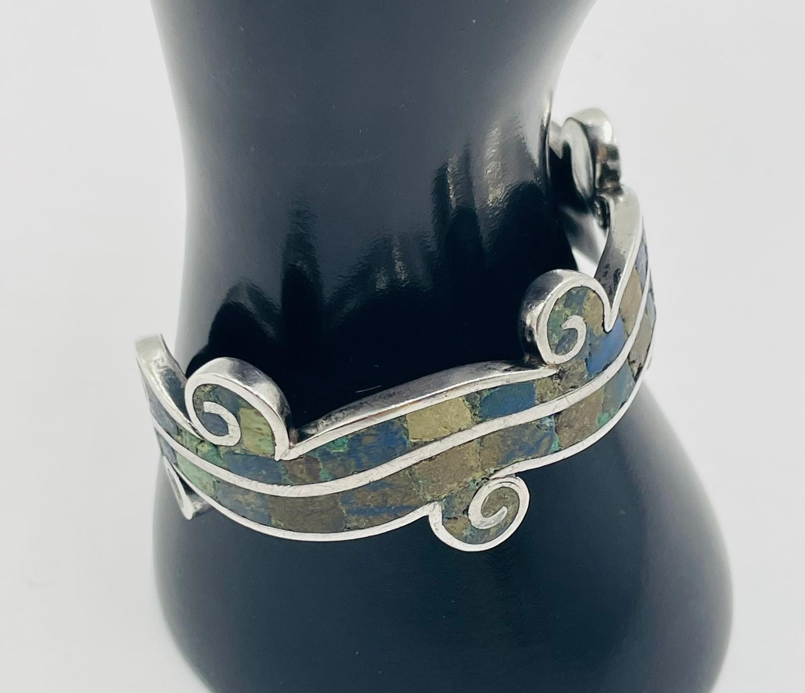 Los Castillo “Mosaico Azteca” Sterling Silver, Azurite & Lapis Inlay Cuff Bracel For Sale 8