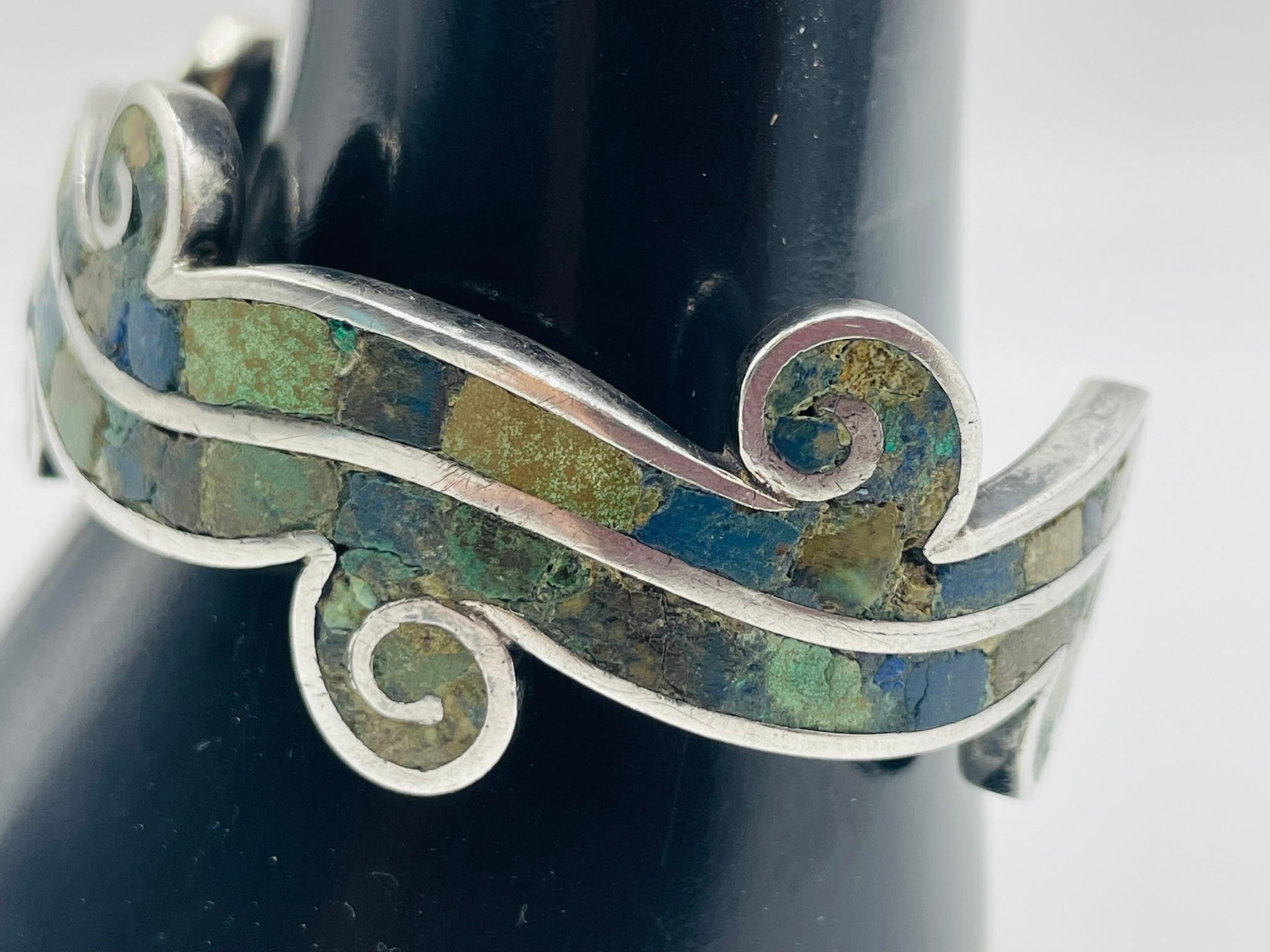 Los Castillo “Mosaico Azteca” Sterling Silver, Azurite & Lapis Inlay Cuff Bracel For Sale 9