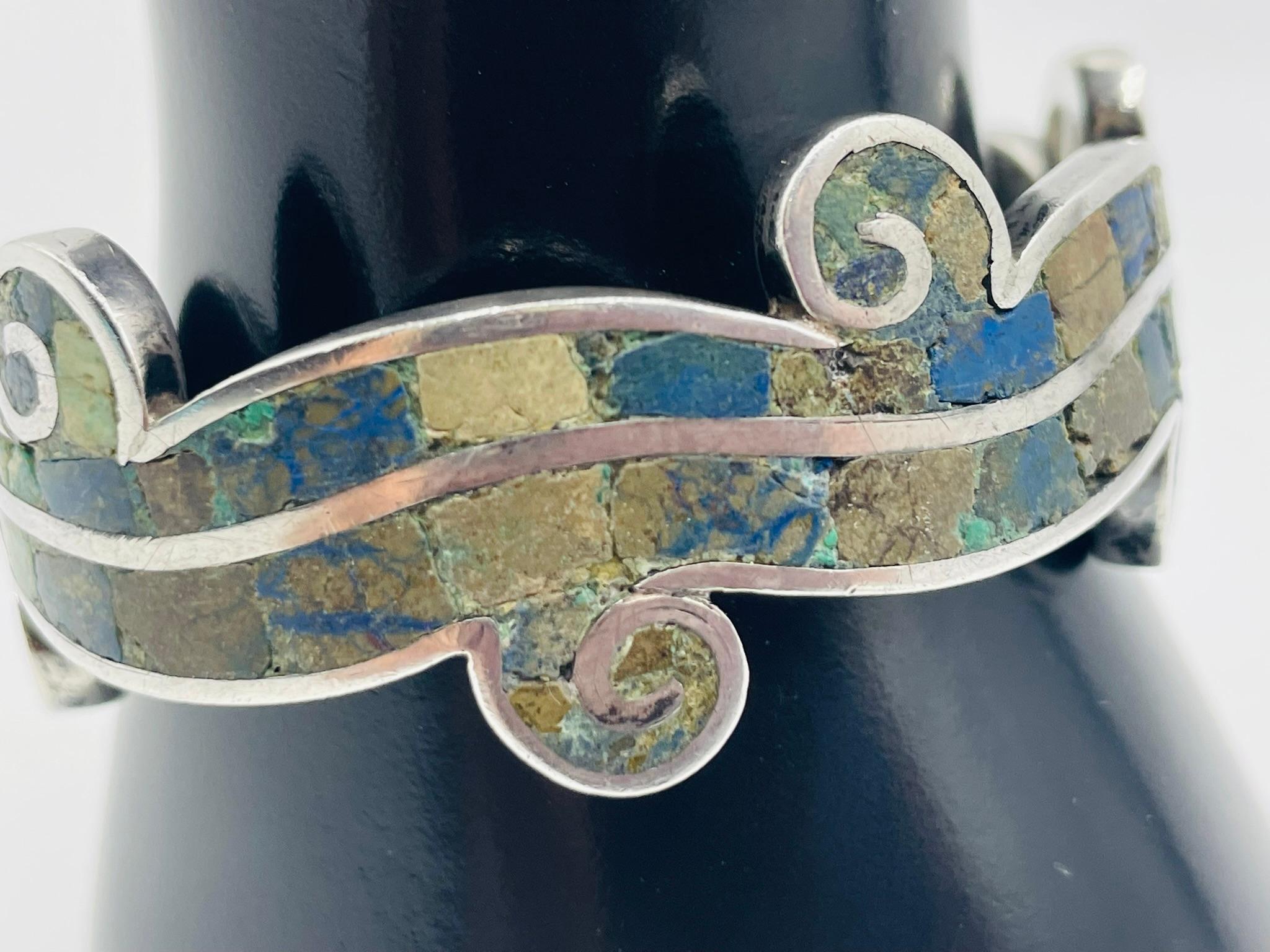 Los Castillo “Mosaico Azteca” Sterling Silver, Azurite & Lapis Inlay Cuff Bracel For Sale 10