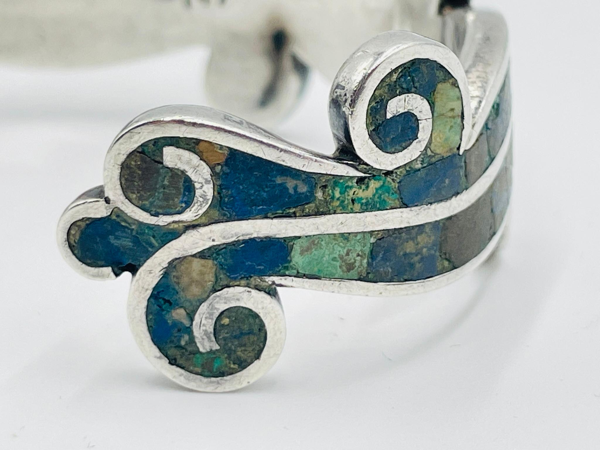 Los Castillo “Mosaico Azteca” Sterling Silver, Azurite & Lapis Inlay Cuff Bracel For Sale 11
