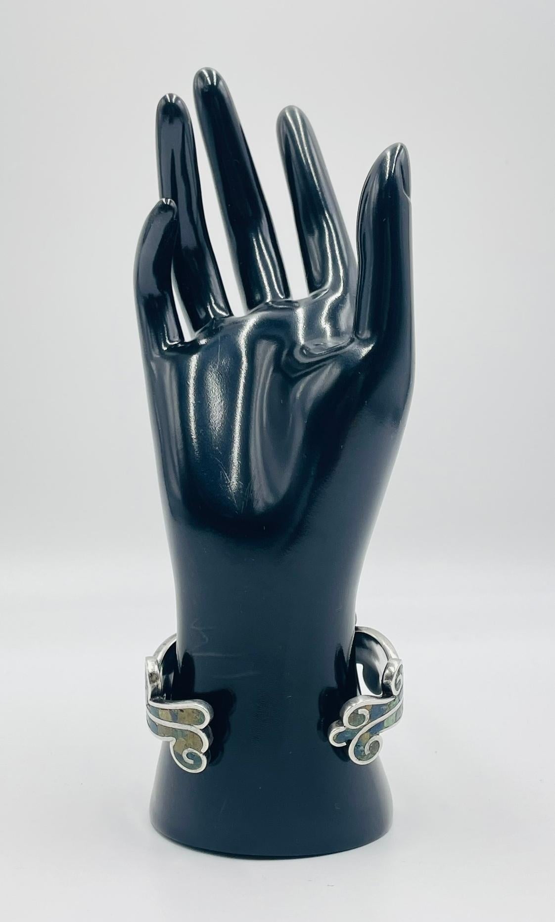 Tribal Los Castillo “Mosaico Azteca” Sterling Silver, Azurite & Lapis Inlay Cuff Bracel For Sale