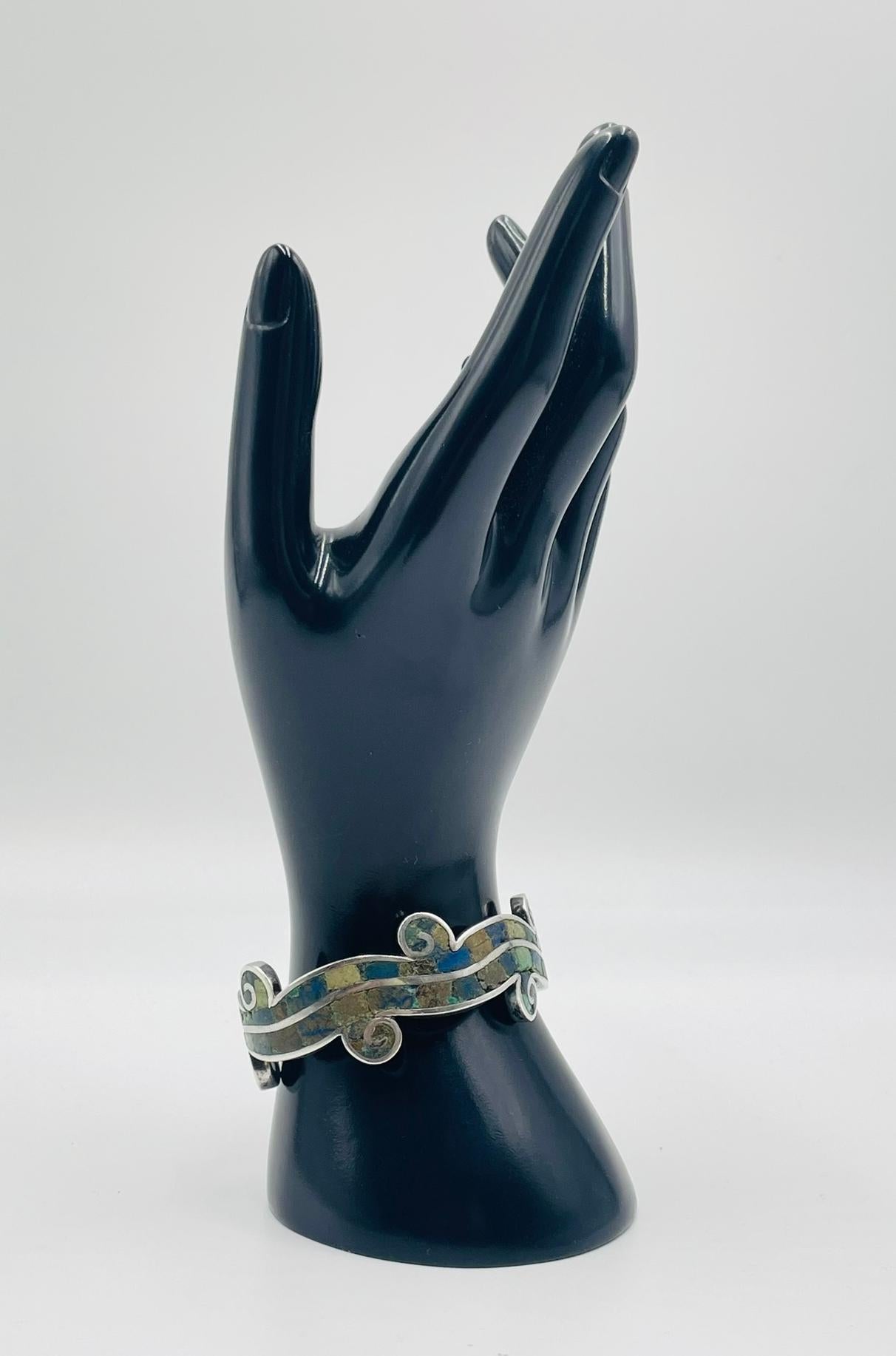 Mexican Los Castillo “Mosaico Azteca” Sterling Silver, Azurite & Lapis Inlay Cuff Bracel For Sale