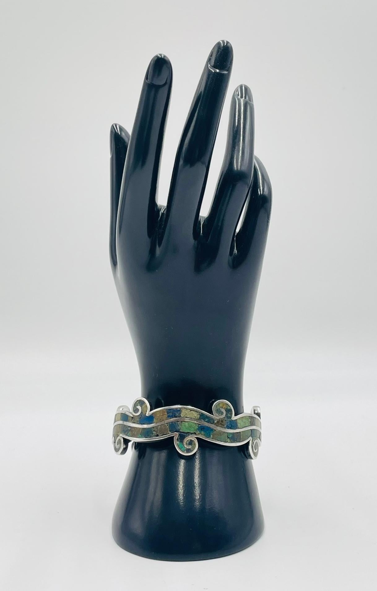 Hand-Crafted Los Castillo “Mosaico Azteca” Sterling Silver, Azurite & Lapis Inlay Cuff Bracel For Sale