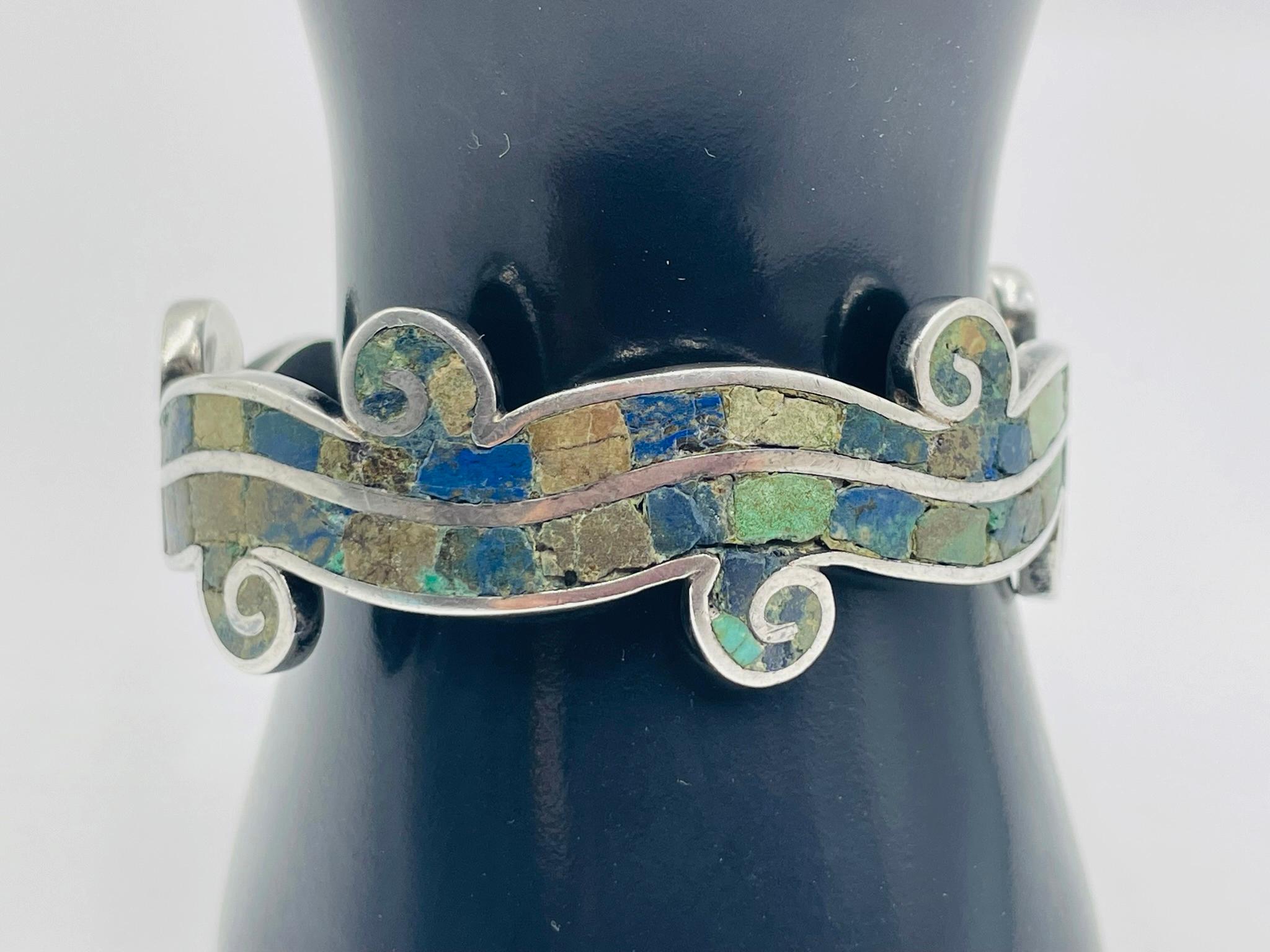 Los Castillo “Mosaico Azteca” Sterling Silver, Azurite & Lapis Inlay Cuff Bracel For Sale 1