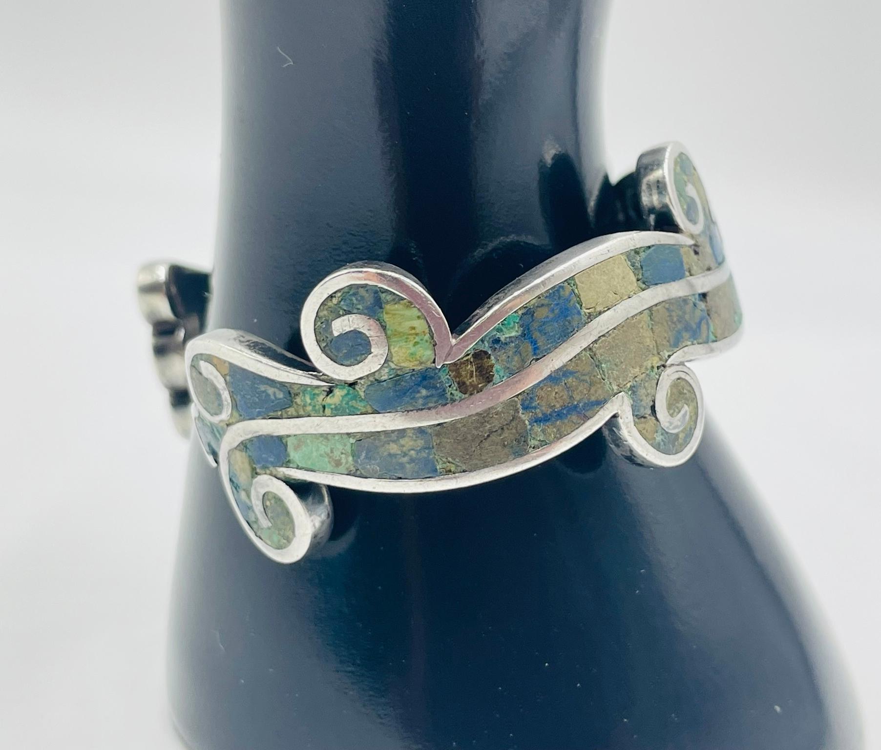 Los Castillo “Mosaico Azteca” Sterling Silver, Azurite & Lapis Inlay Cuff Bracel For Sale 2