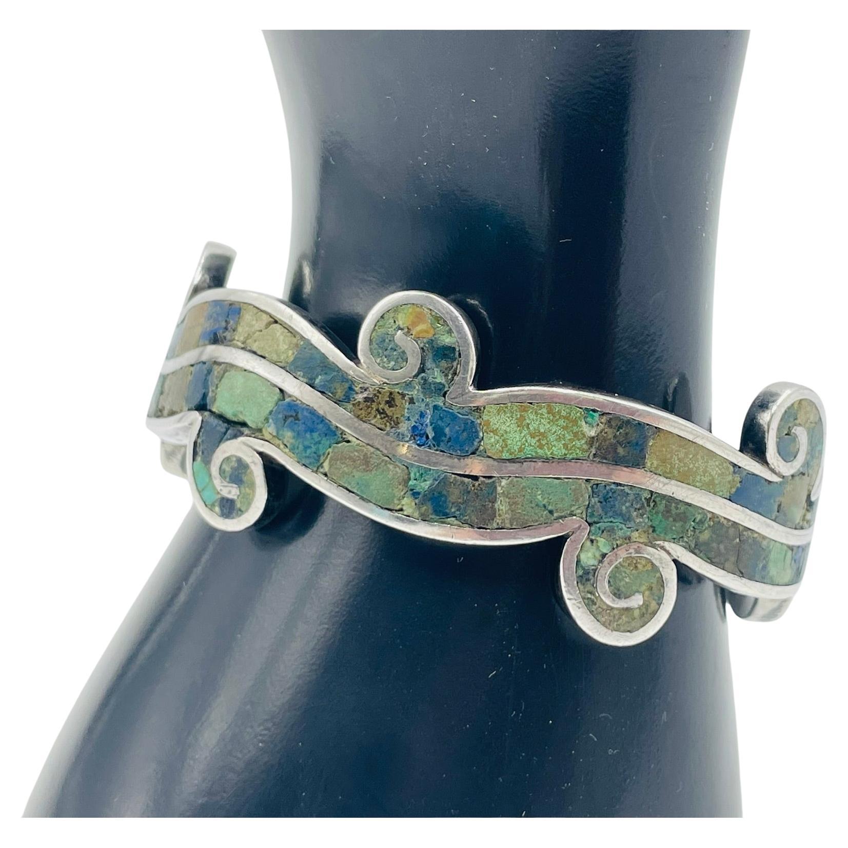 Los Castillo “Mosaico Azteca” Sterling Silver, Azurite & Lapis Inlay Cuff Bracel For Sale