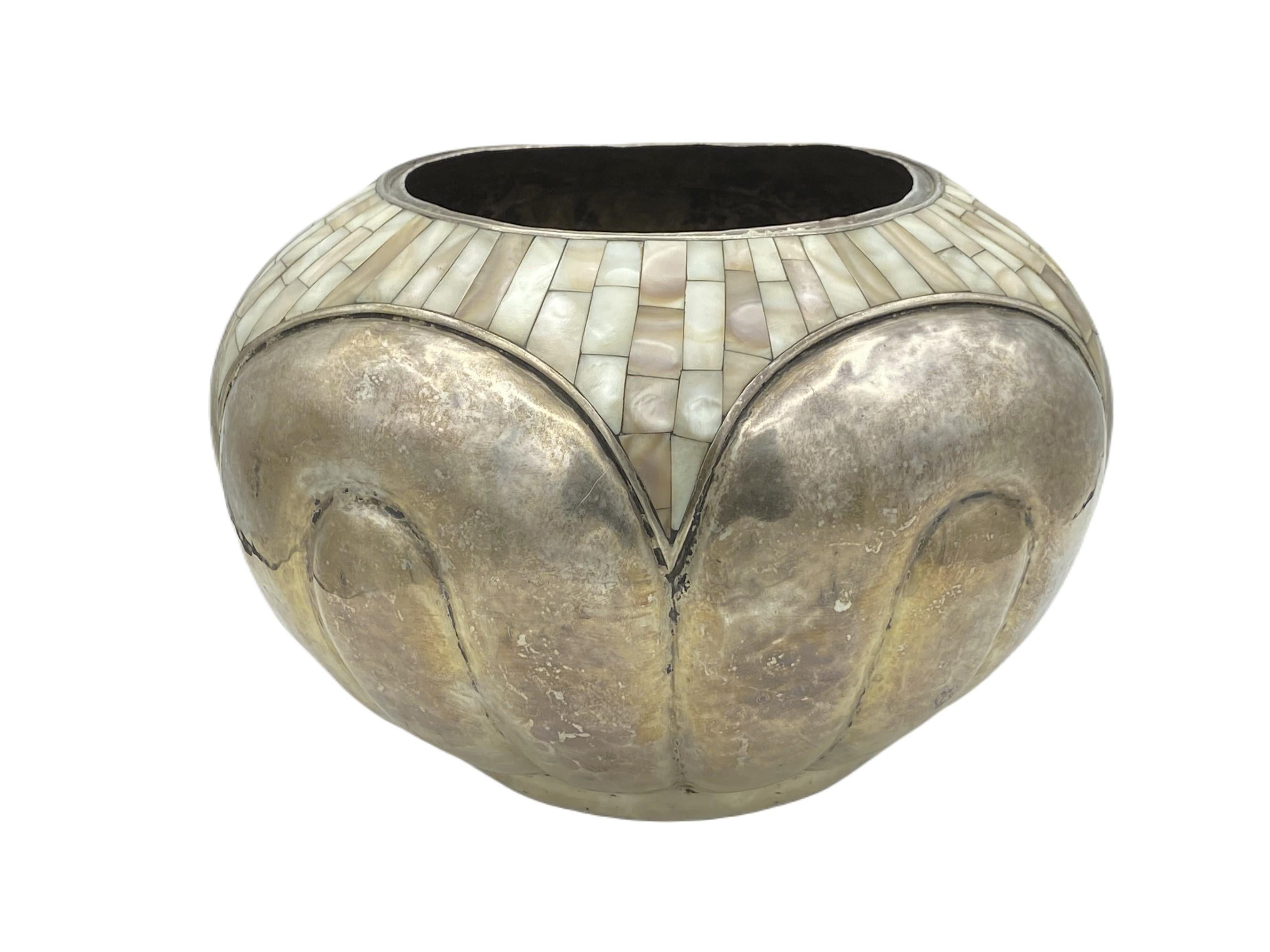 Modern Los Castillo Mother of Pearl Mosaic Handcrafted Silver Plate Vase Circa 1980s For Sale