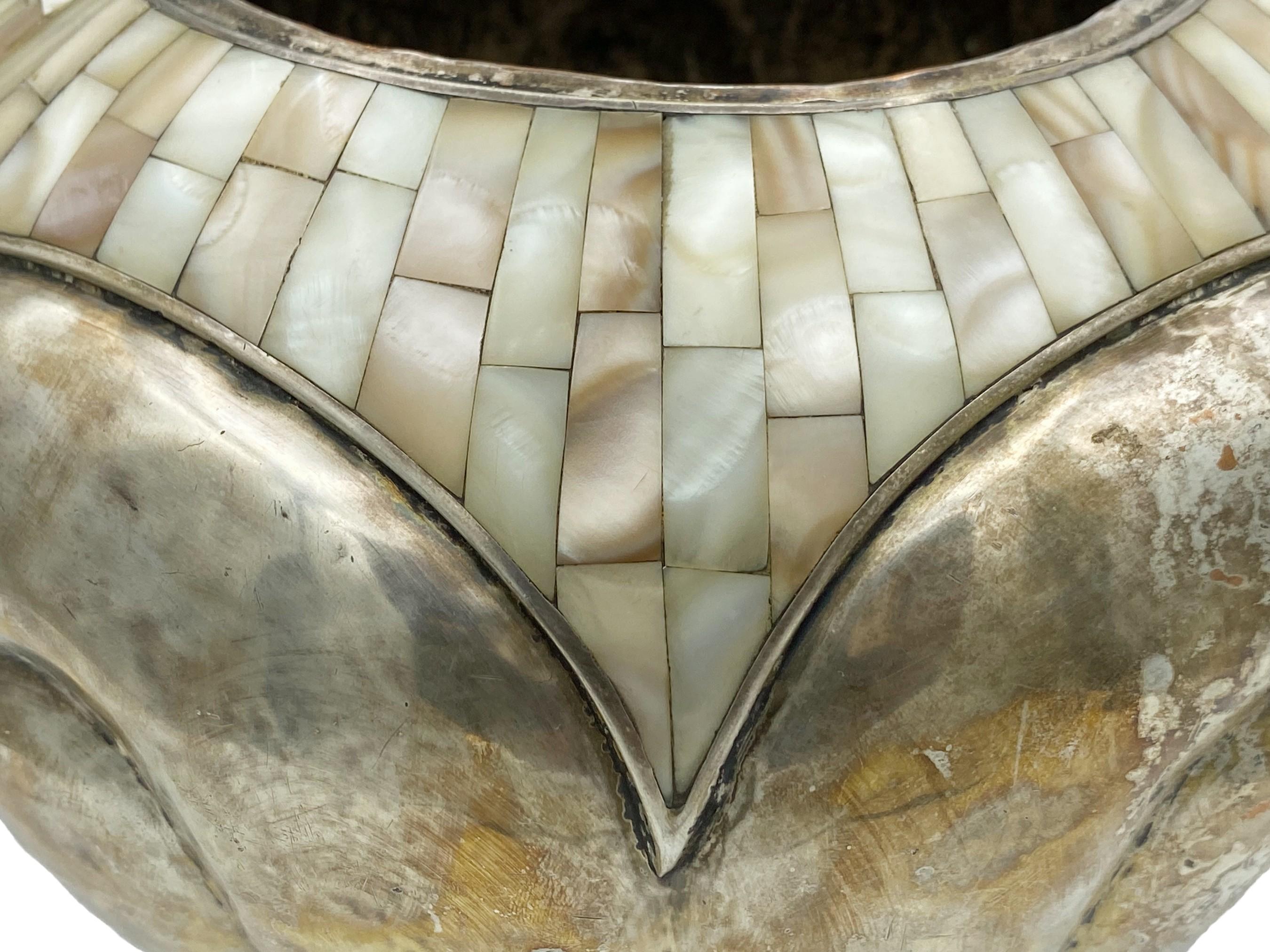 Los Castillo Mother of Pearl Mosaic Handcrafted Silver Plate Vase Circa 1980s For Sale 1