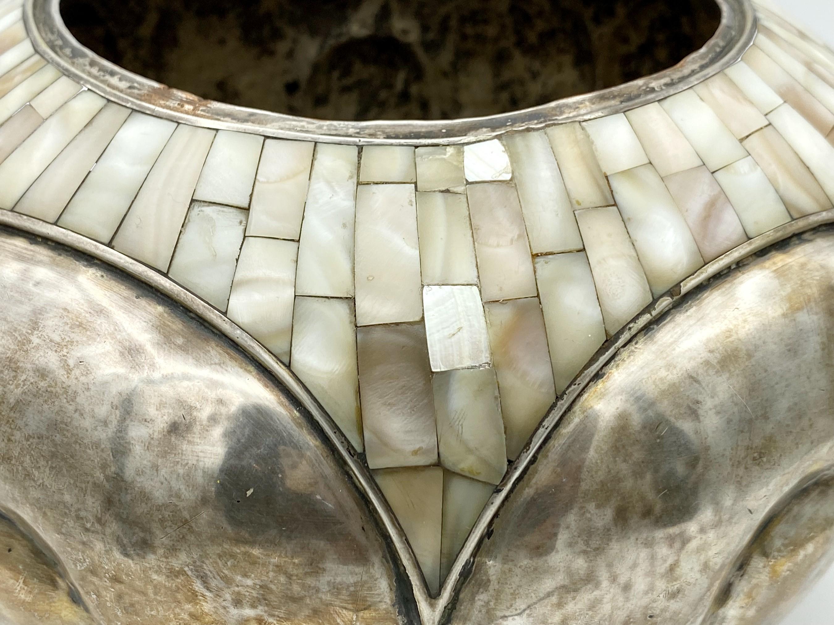 Los Castillo Mother of Pearl Mosaic Handcrafted Silver Plate Vase Circa 1980s For Sale 2