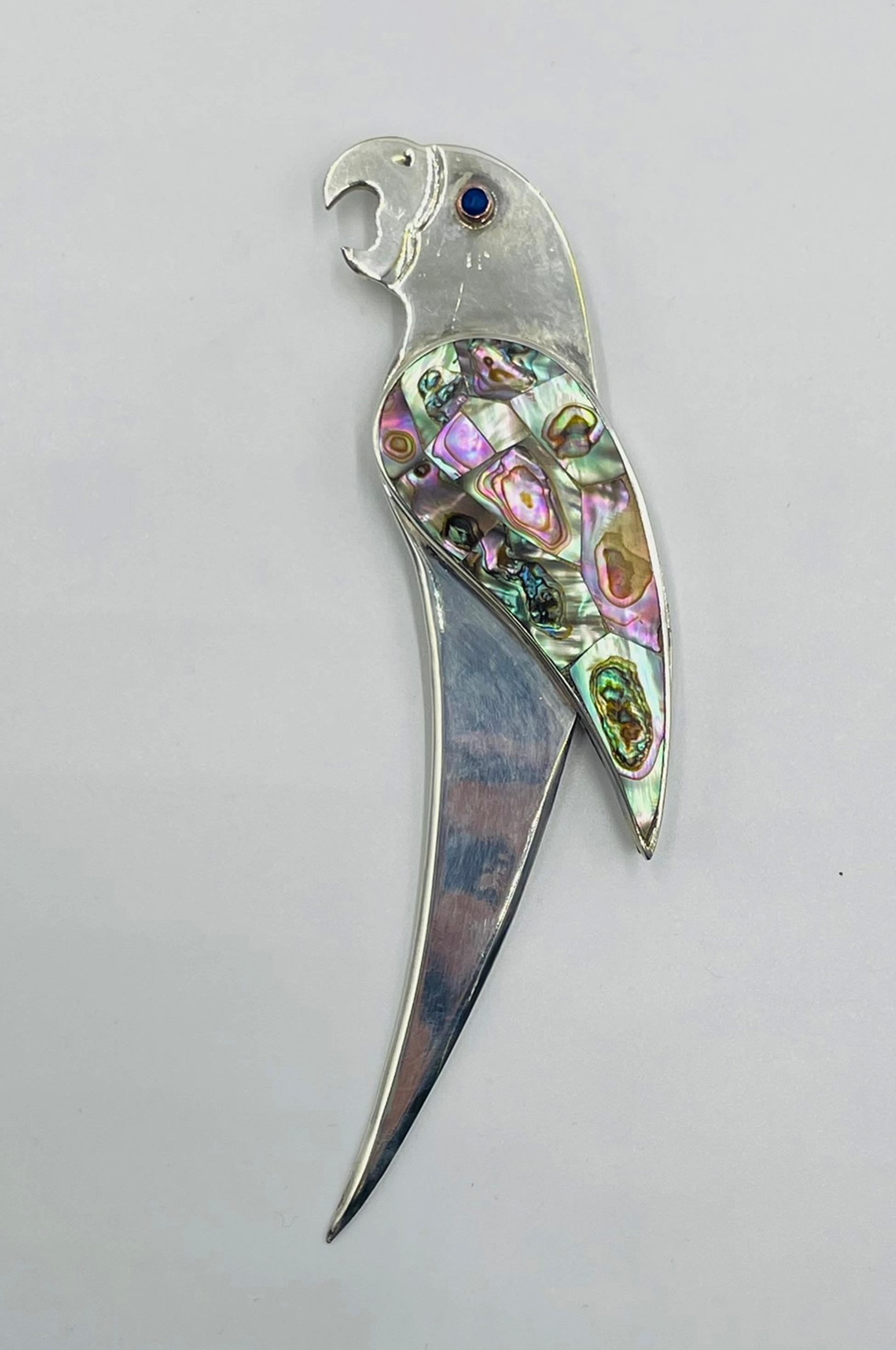 Modern Los Castillo Parrot Bottle Opener in Silver Plate and Abalone Shell, Taxco Mexic For Sale