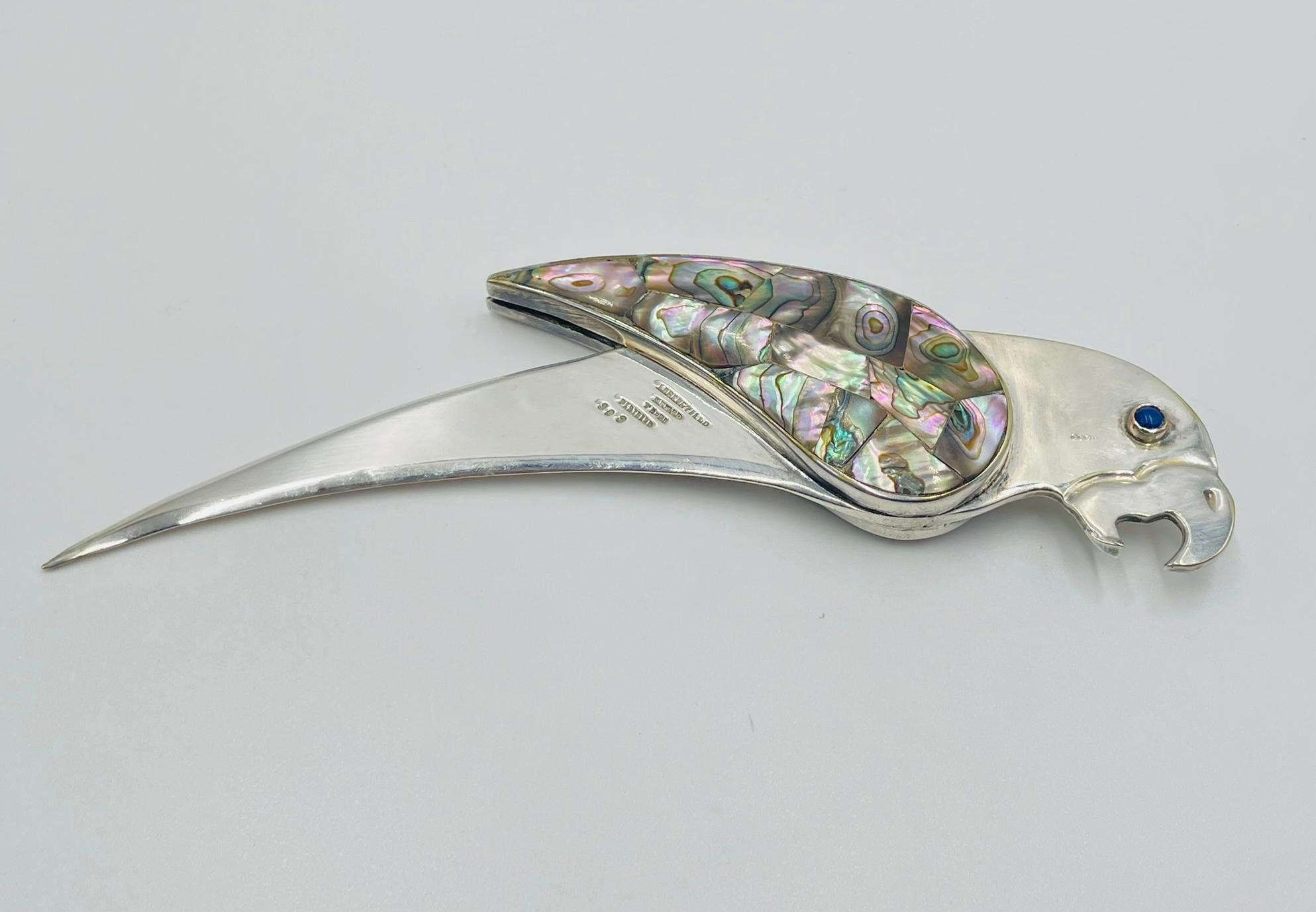 Mexican Los Castillo Parrot Bottle Opener in Silver Plate and Abalone Shell, Taxco Mexic For Sale