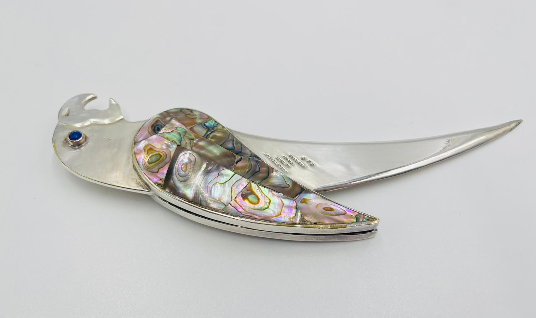 Hand-Crafted Los Castillo Parrot Bottle Opener in Silver Plate and Abalone Shell, Taxco Mexic For Sale
