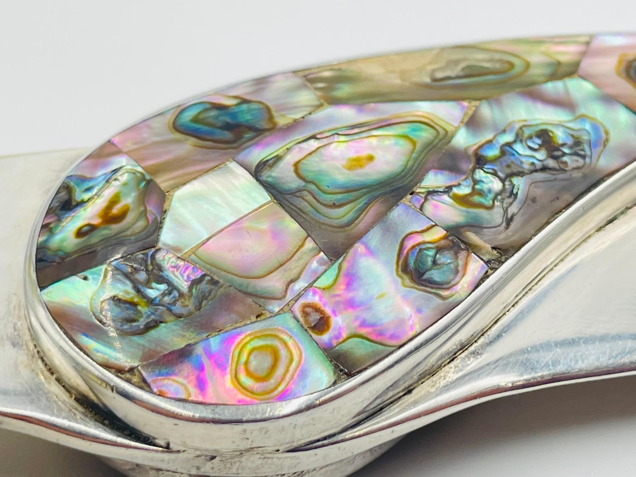 Mid-20th Century Los Castillo Parrot Bottle Opener in Silver Plate and Abalone Shell, Taxco Mexic For Sale