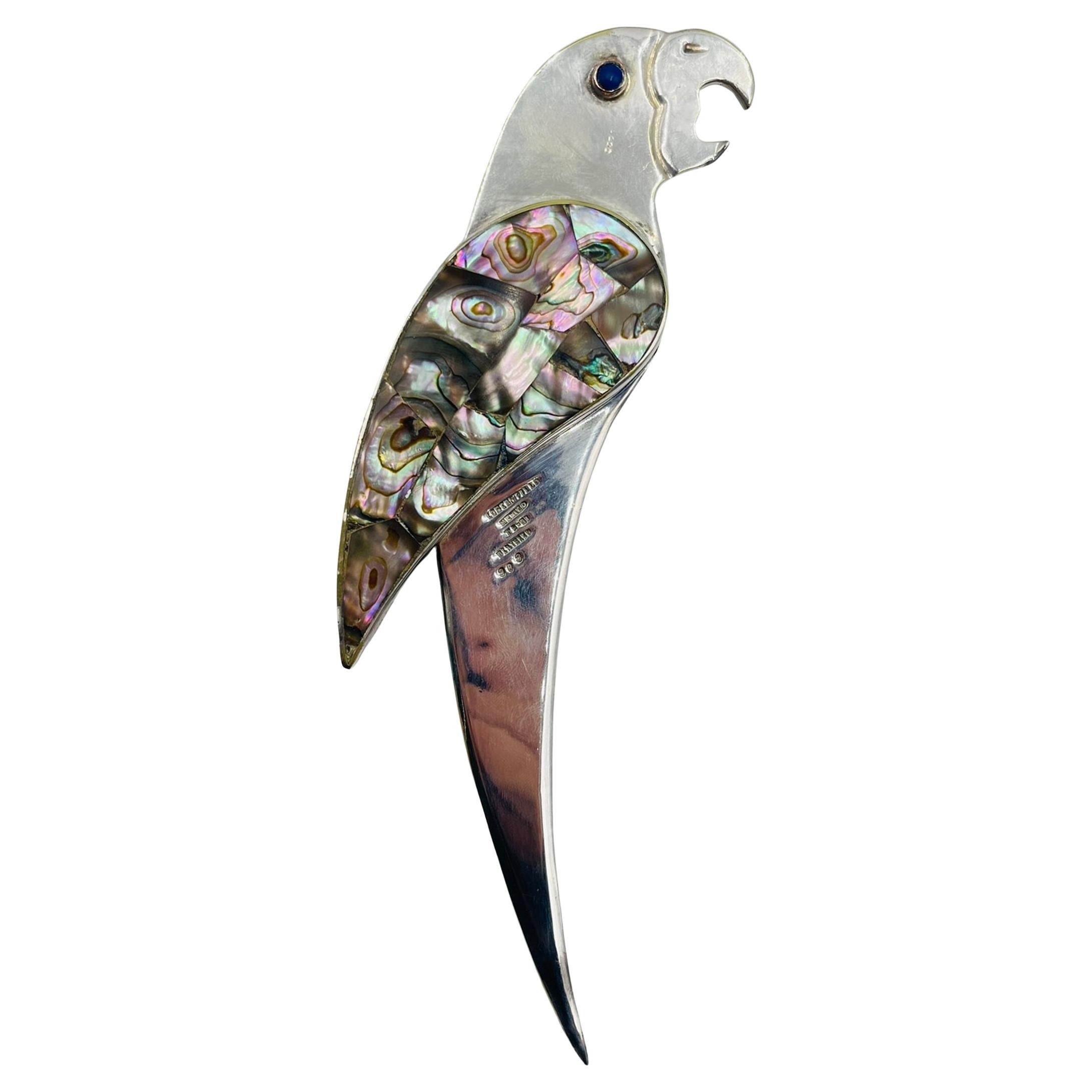 Los Castillo Parrot Bottle Opener in Silver Plate and Abalone Shell, Taxco Mexic For Sale