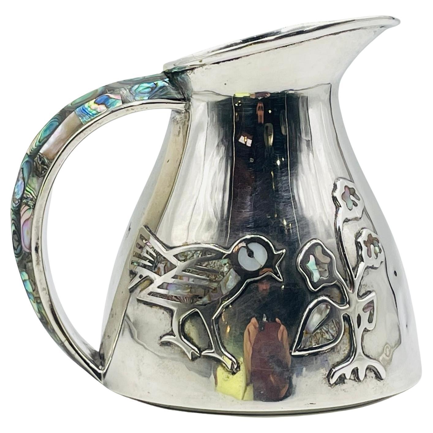 Los Castillo Silberkrug mit Abalone und Perlmutt-Intarsien, Taxco Mexico im Angebot