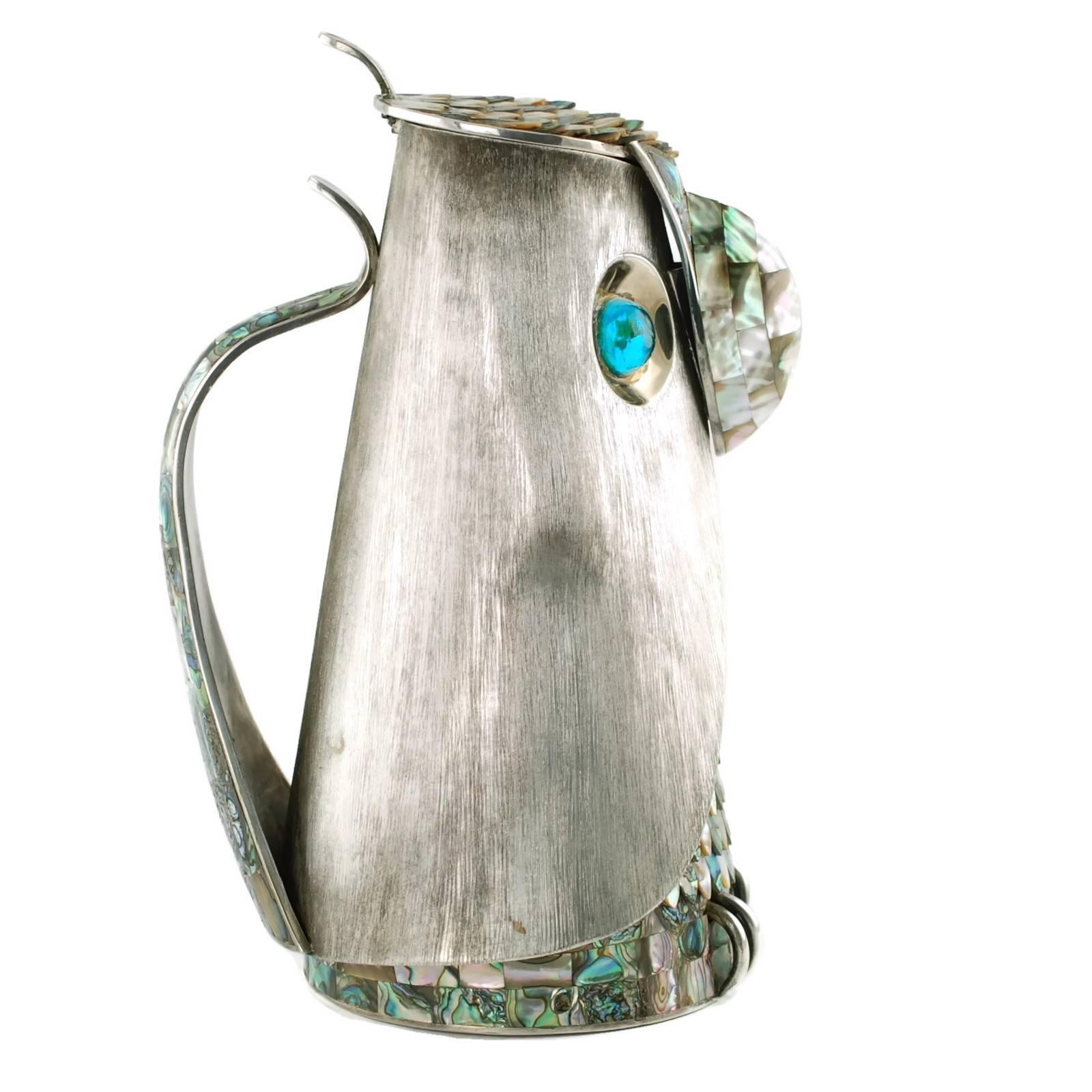 Mexican Los Castillo Silver Plate Figural Owl Pitcher with Abalone Inlay and Glass Eyes