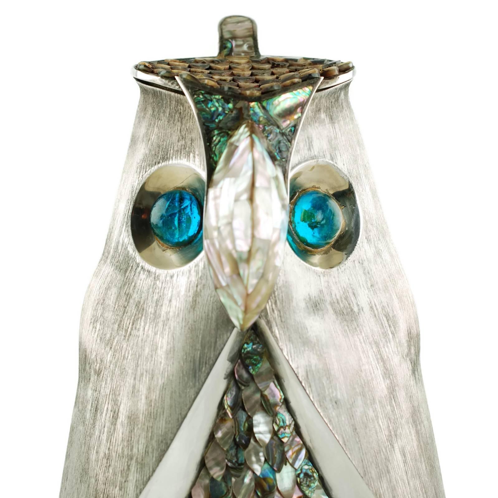 Brushed Los Castillo Silver Plate Figural Owl Pitcher with Abalone Inlay and Glass Eyes