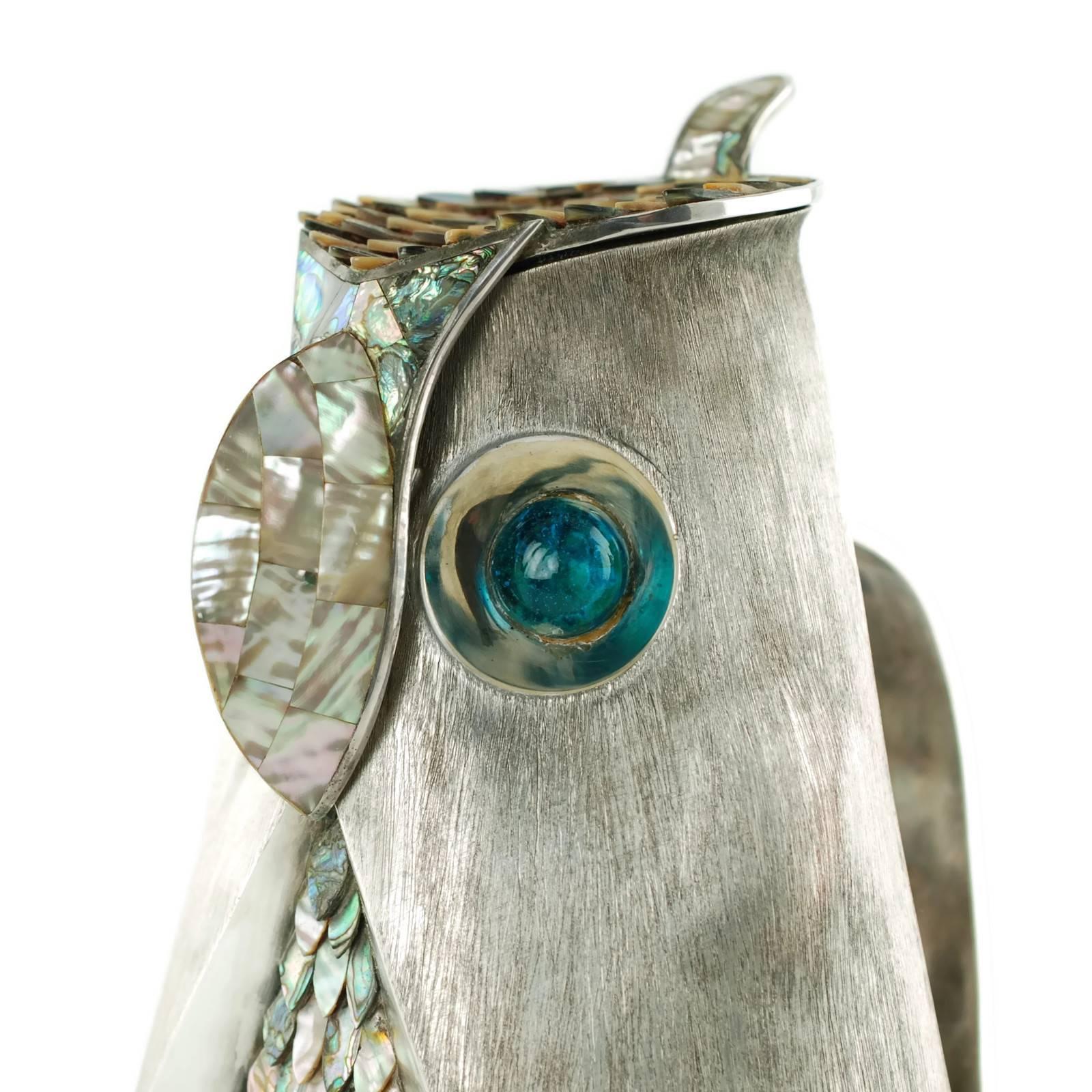 Los Castillo Silver Plate Figural Owl Pitcher with Abalone Inlay and Glass Eyes In Good Condition In Cincinnati, OH
