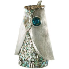 Los Castillo Silver Plate Figural Owl Pitcher with Abalone Inlay and Glass Eyes