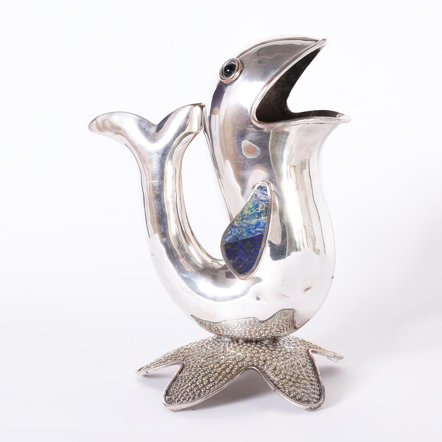 Mid-Century Modern Los Castillo Silver Plate Fish Water Pitcher For Sale