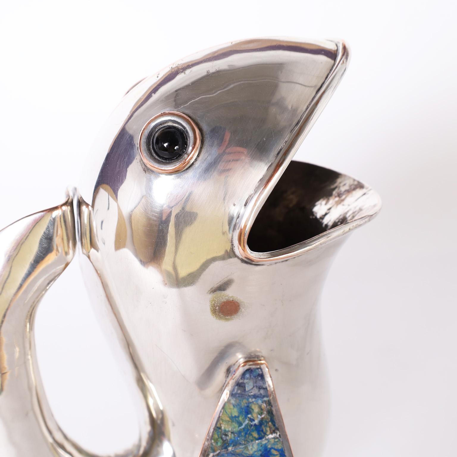 Mexican Los Castillo Silver Plate Fish Water Pitcher For Sale