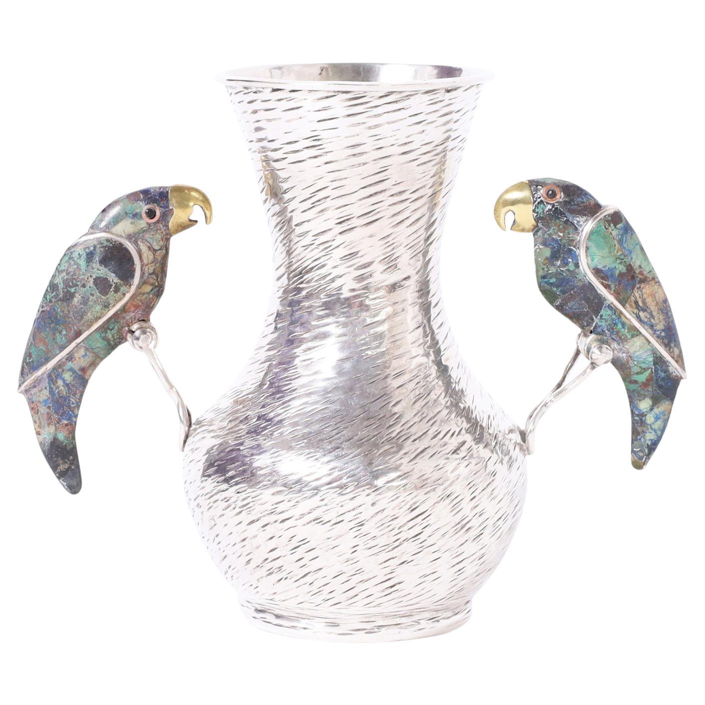 Los Castillo Silver Plate on Copper Vessel or Vase with Parrots For Sale