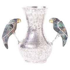 Retro Los Castillo Silver Plate on Copper Vessel or Vase with Parrots