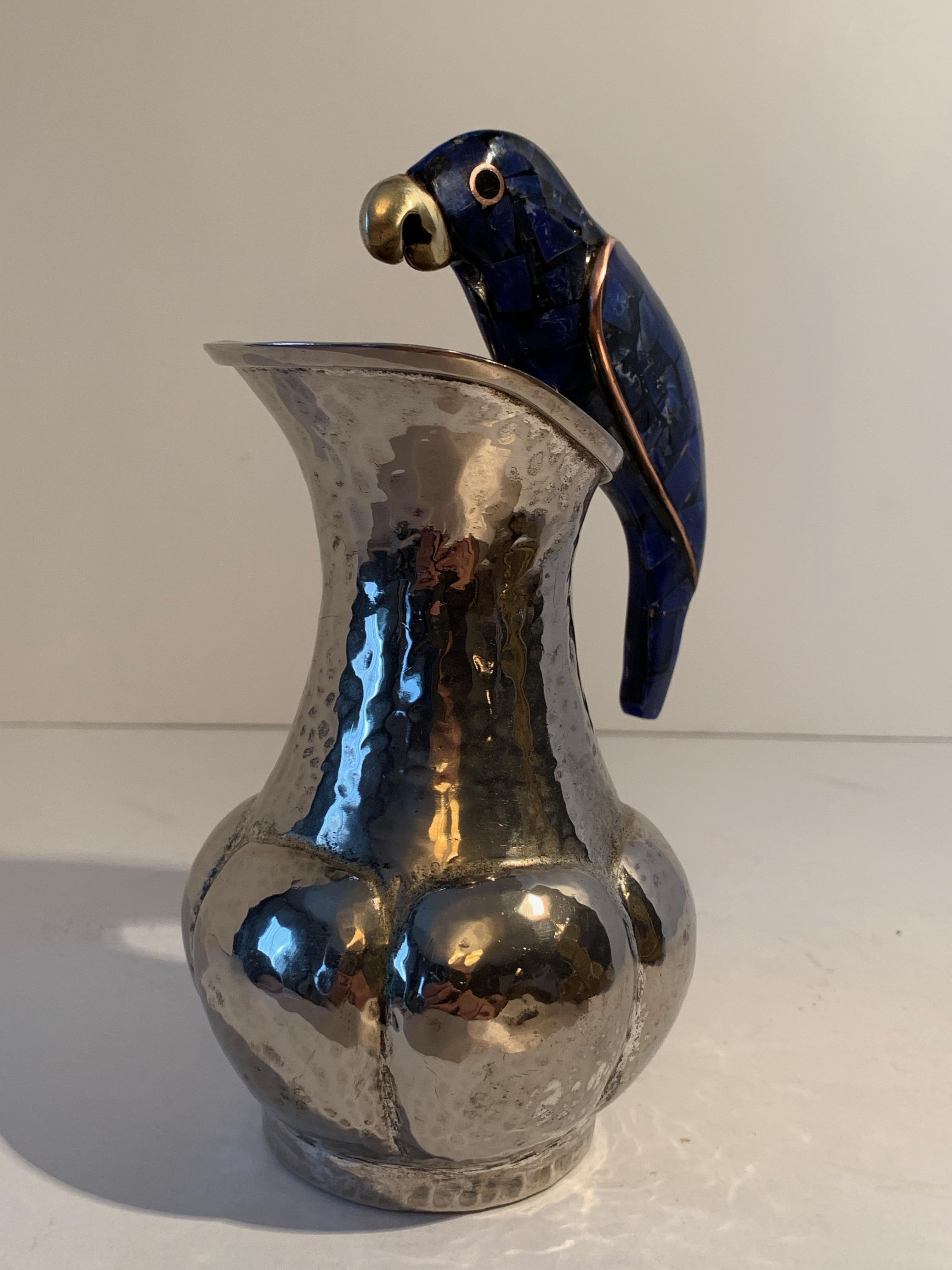 Los Castillo silver plate pitcher with parrot handle - Handsome pitcher well suited for the bar or as a decorative piece. Parrot handle is blue lapis. From Mexico by Taxco Mexico.