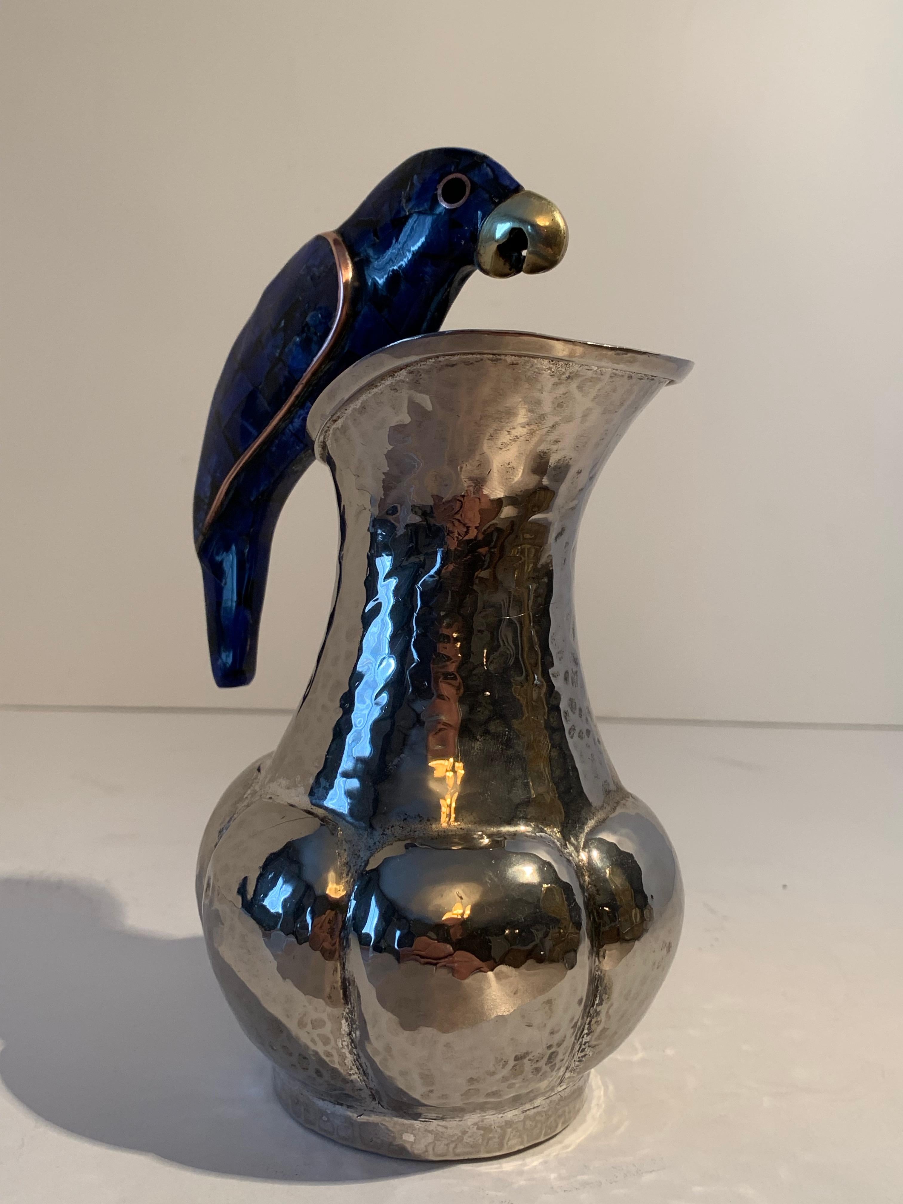 Mid-Century Modern Los Castillo Silver Plate Pitcher with Lapis Parrot Handle