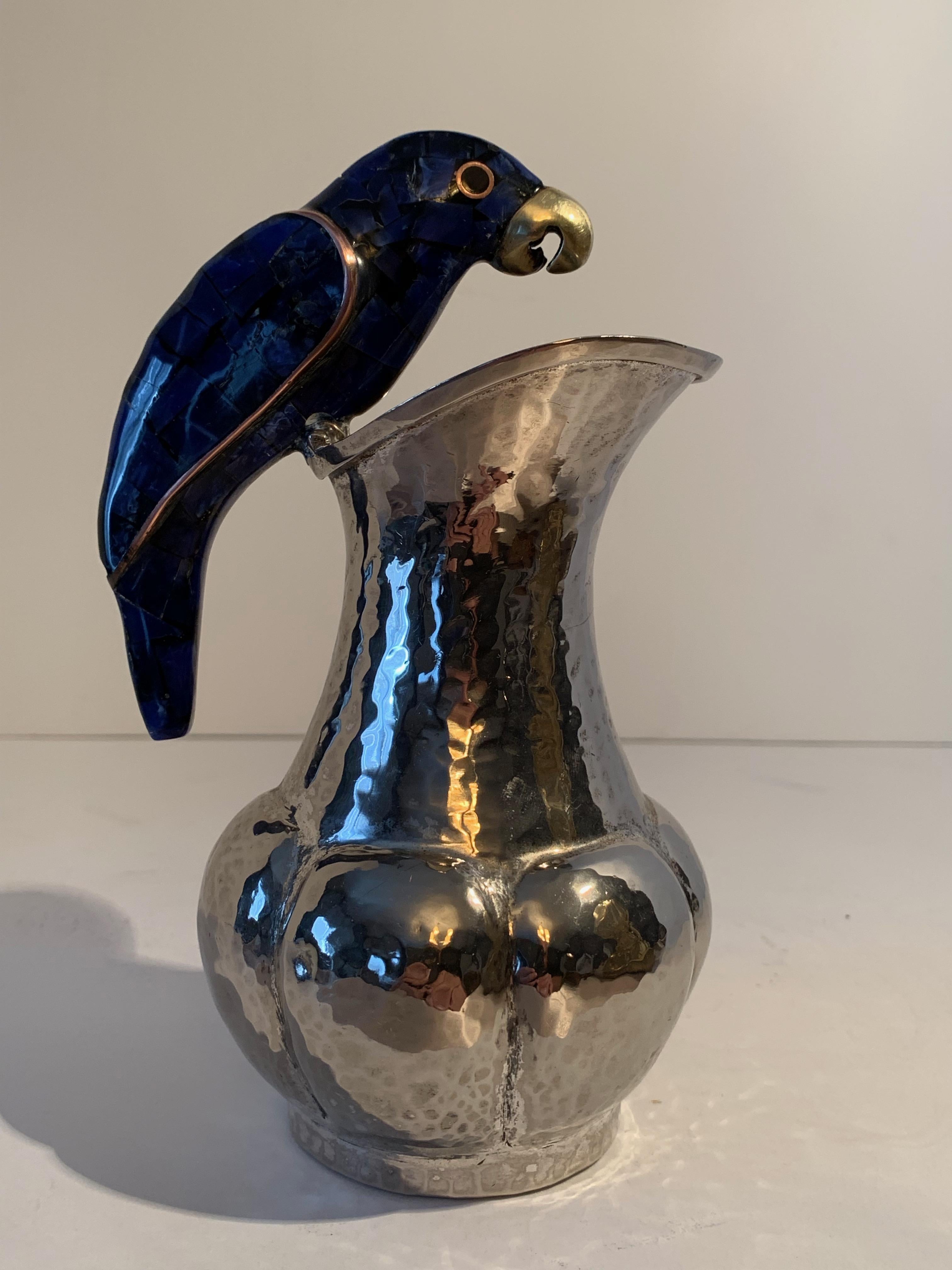 Mexican Los Castillo Silver Plate Pitcher with Lapis Parrot Handle