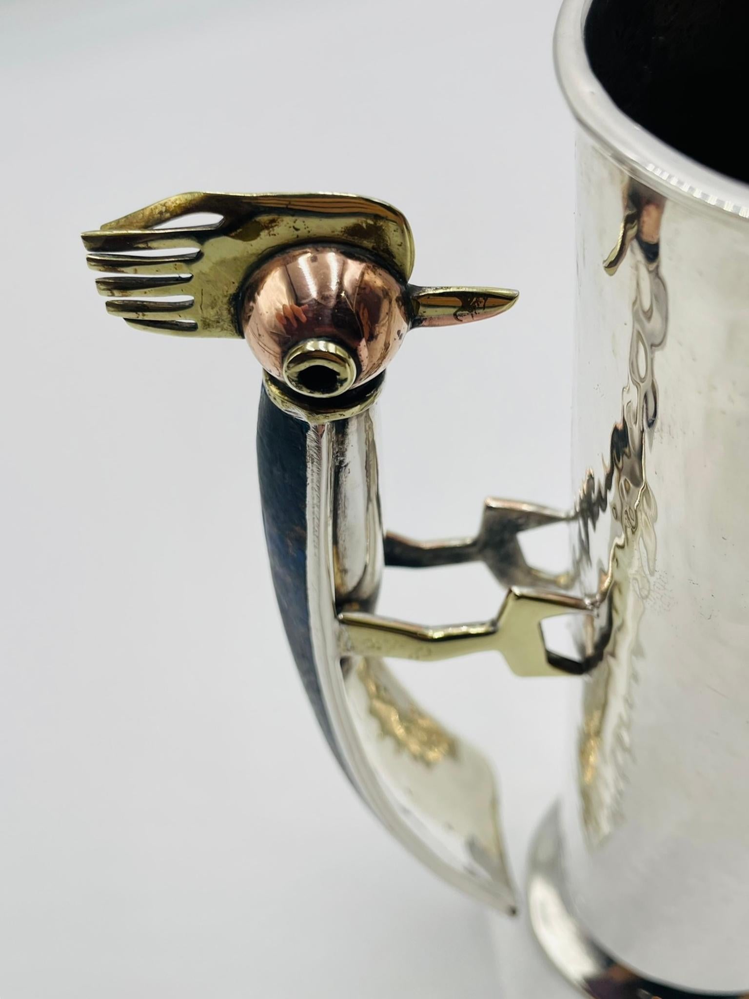 Los Castillo Silver-Plated Pitcher with Lapis Bird Handle, Taxco For Sale 6