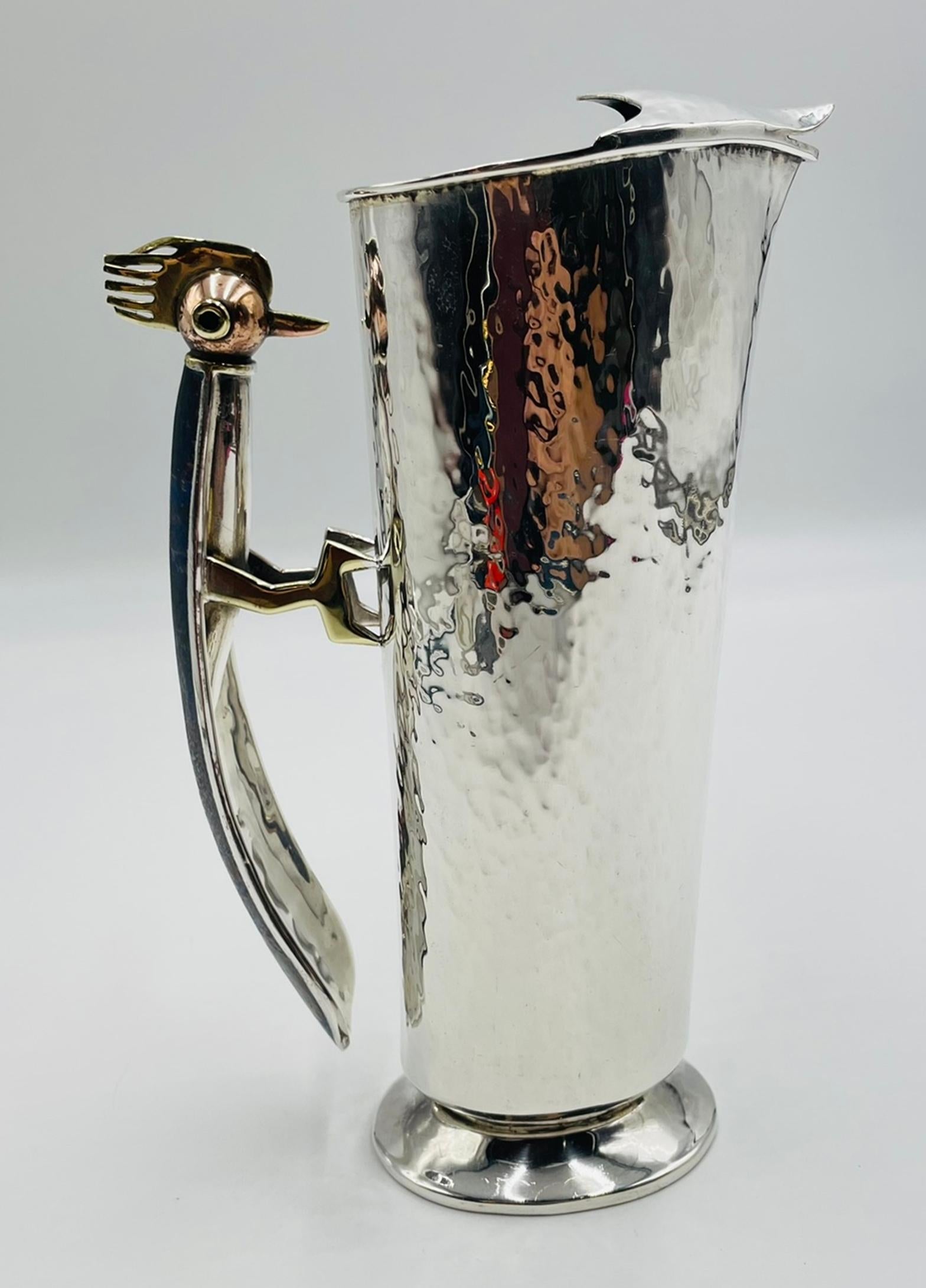 Hand-Crafted Los Castillo Silver-Plated Pitcher with Lapis Bird Handle, Taxco For Sale