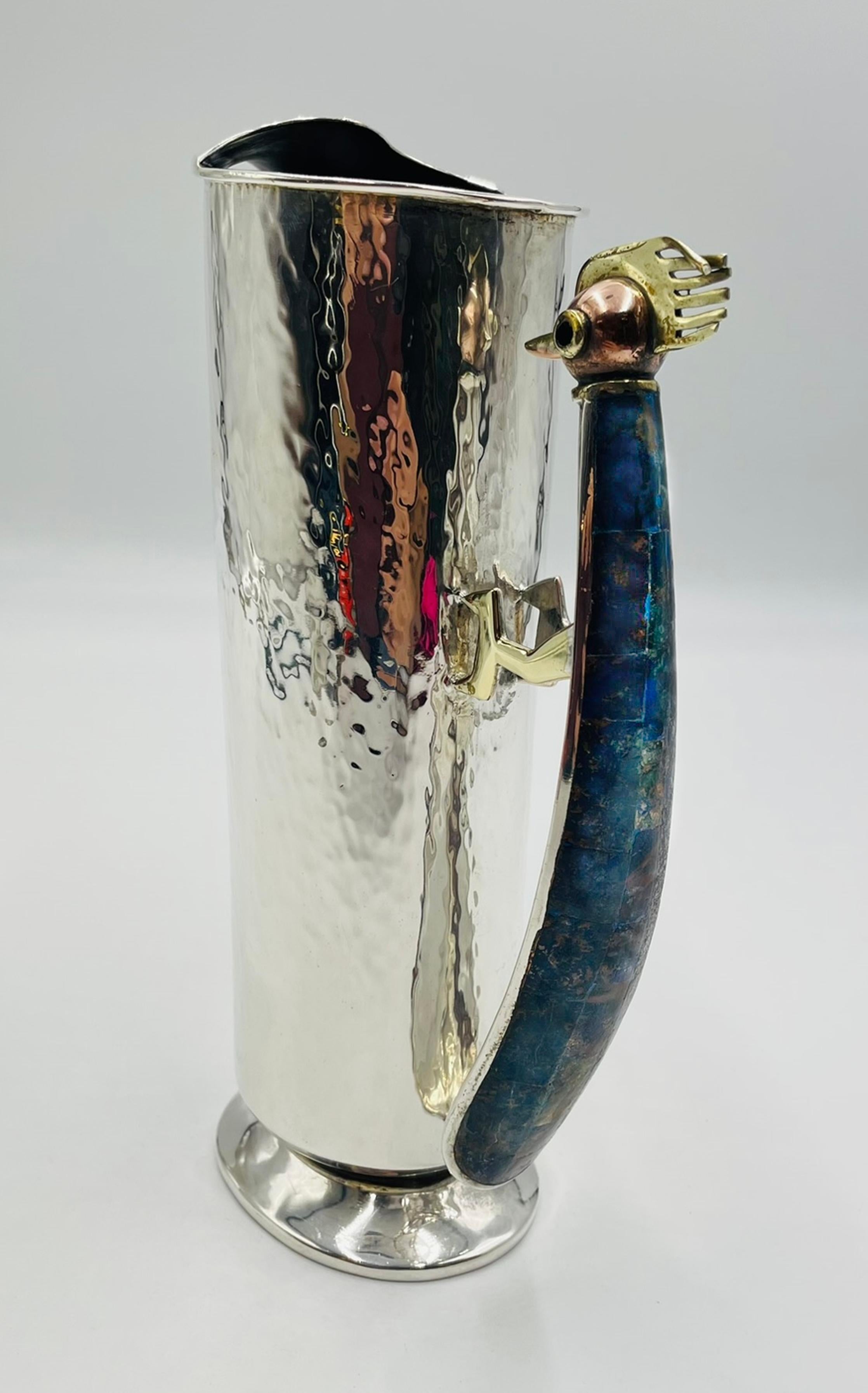 Mid-20th Century Los Castillo Silver-Plated Pitcher with Lapis Bird Handle, Taxco For Sale