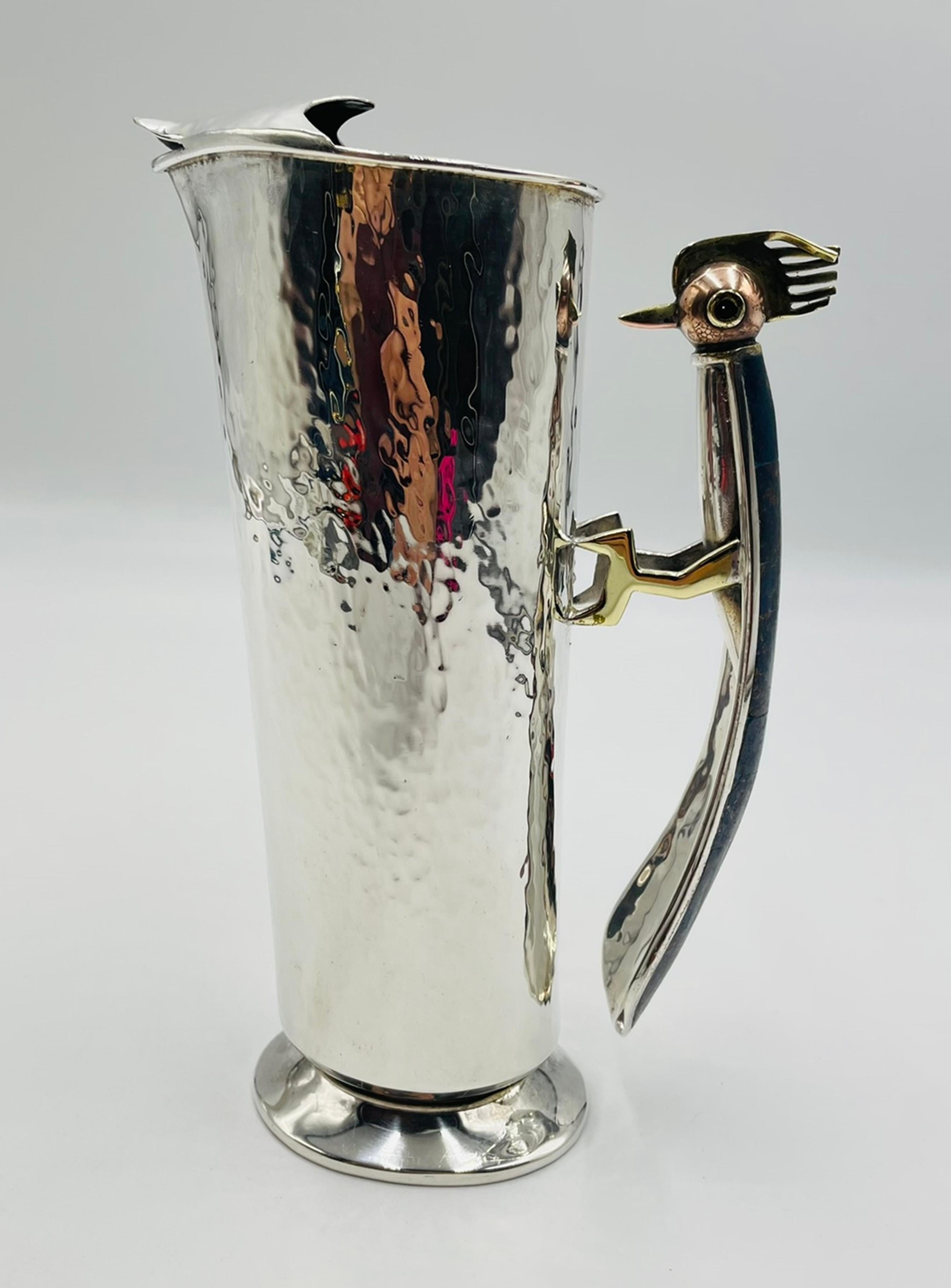 Silver Plate Los Castillo Silver-Plated Pitcher with Lapis Bird Handle, Taxco For Sale