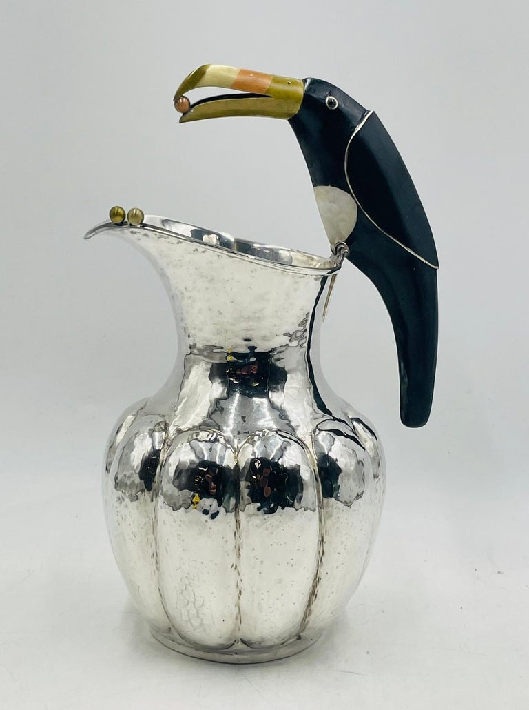 Los Castillo Silver Toucan Pitcher with Onyx and Mixed Metal Inlay