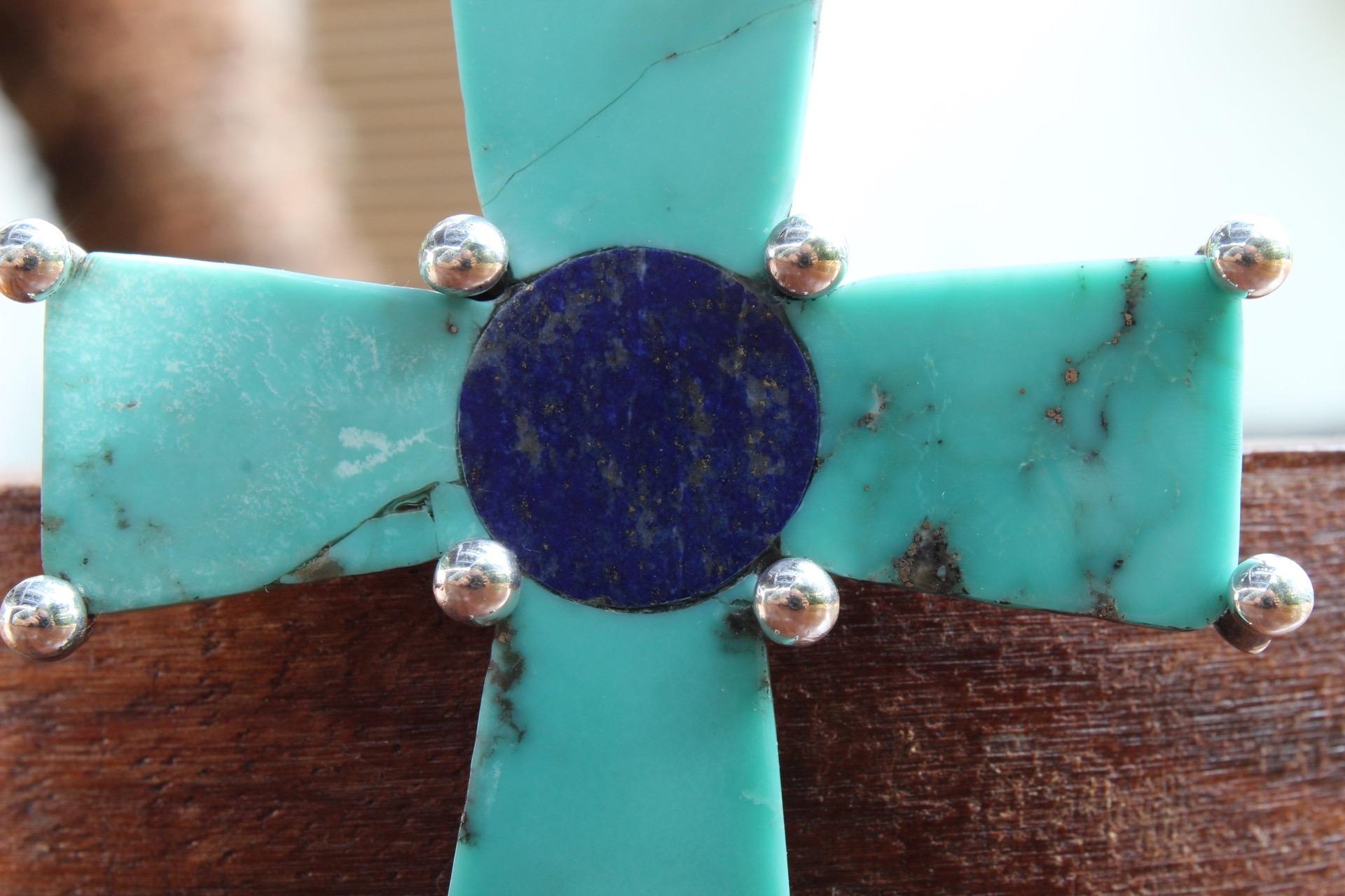 Mexican Los Castillo Silver, Turquoise & Lapis Lazuli Pin Cross