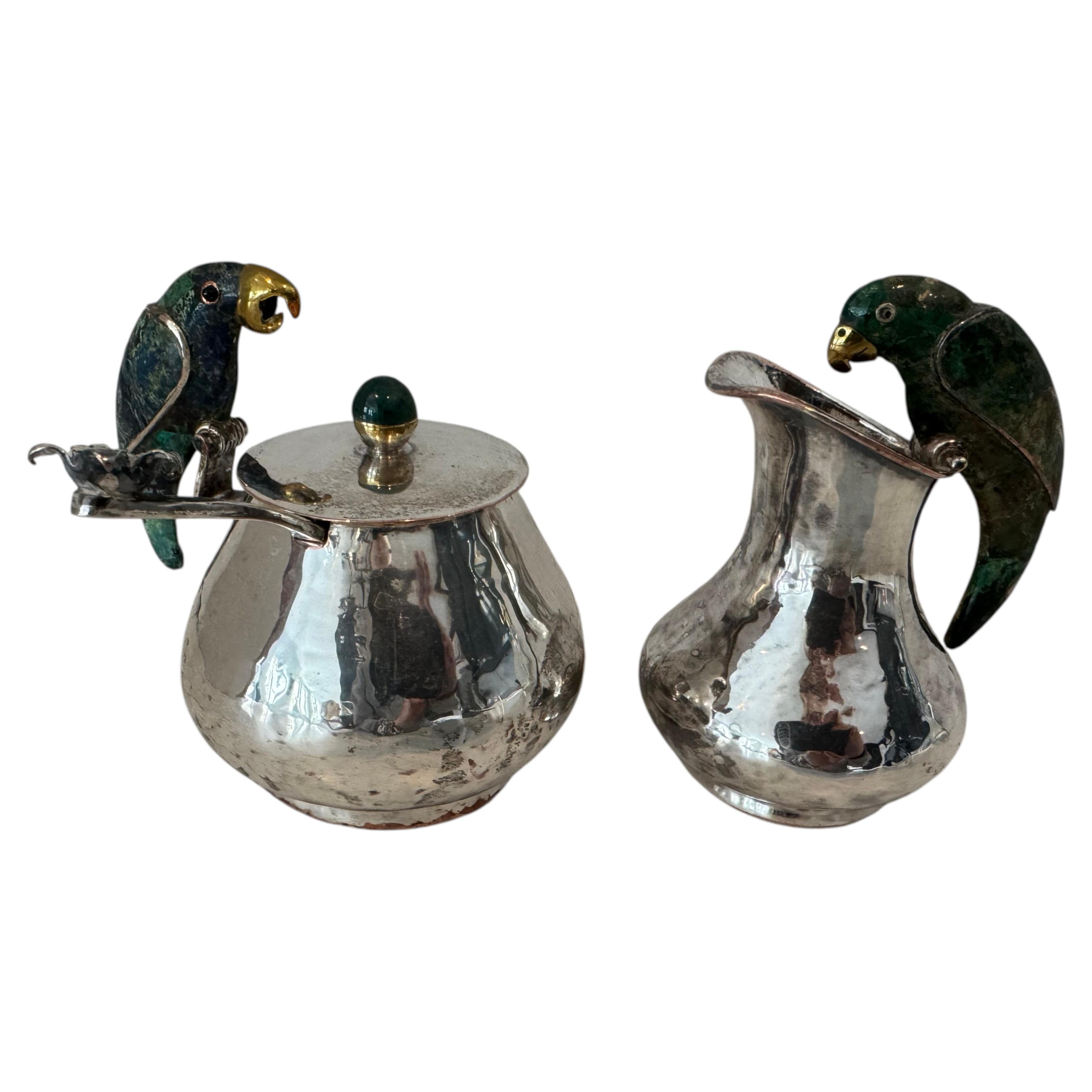 Los Castillo Silverplate Creamer and Sugarbowl with Parrots