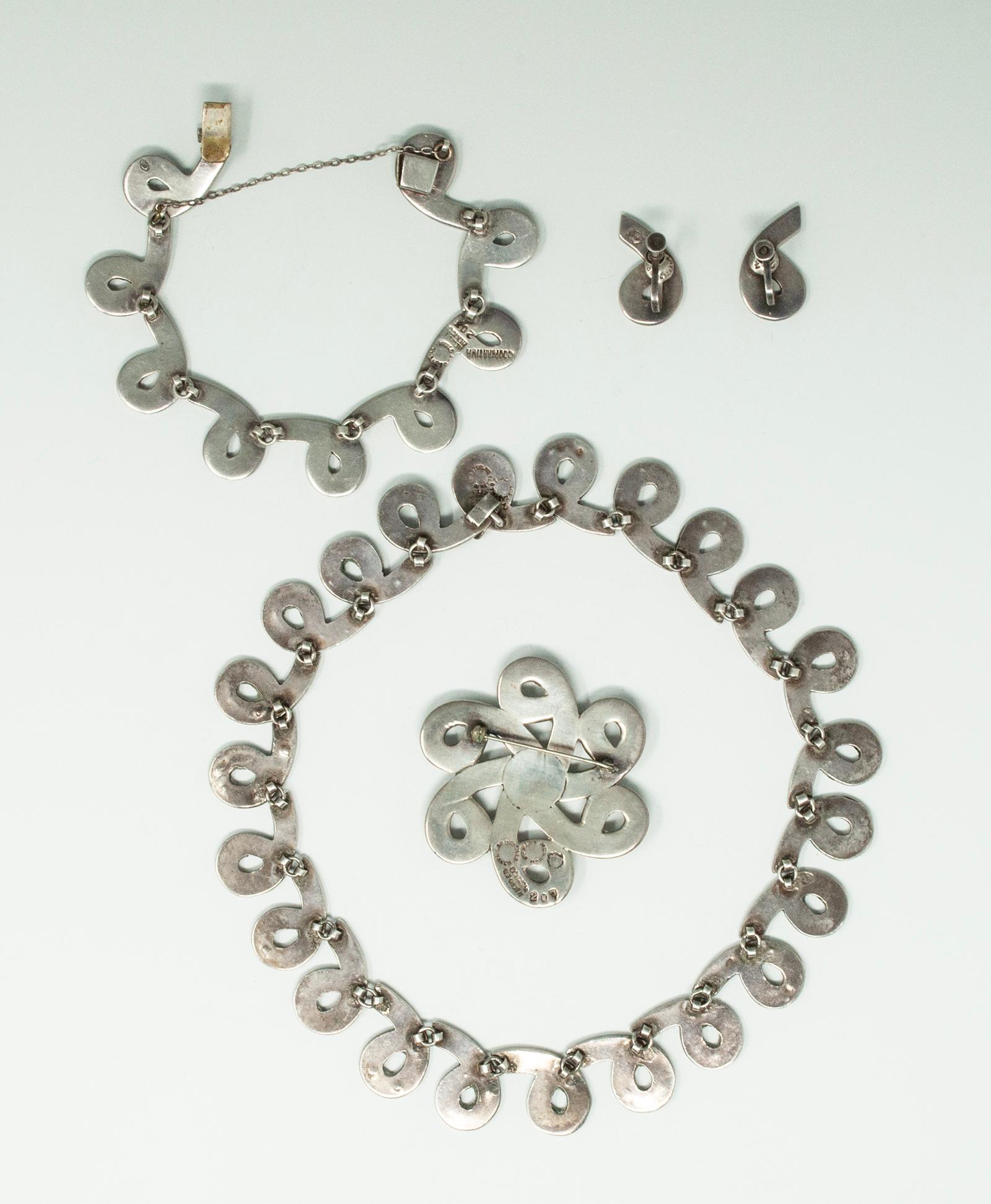 Artisan Los Castillo Sterling Silver Necklace, Bracelet, Brooch and Earring Set For Sale