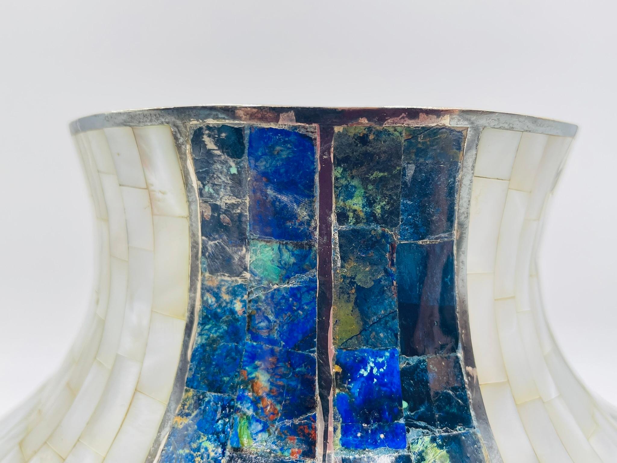 Los Castillo Studio Vase with Inlay and Hammered Finish, Mexico 1970's For Sale 2