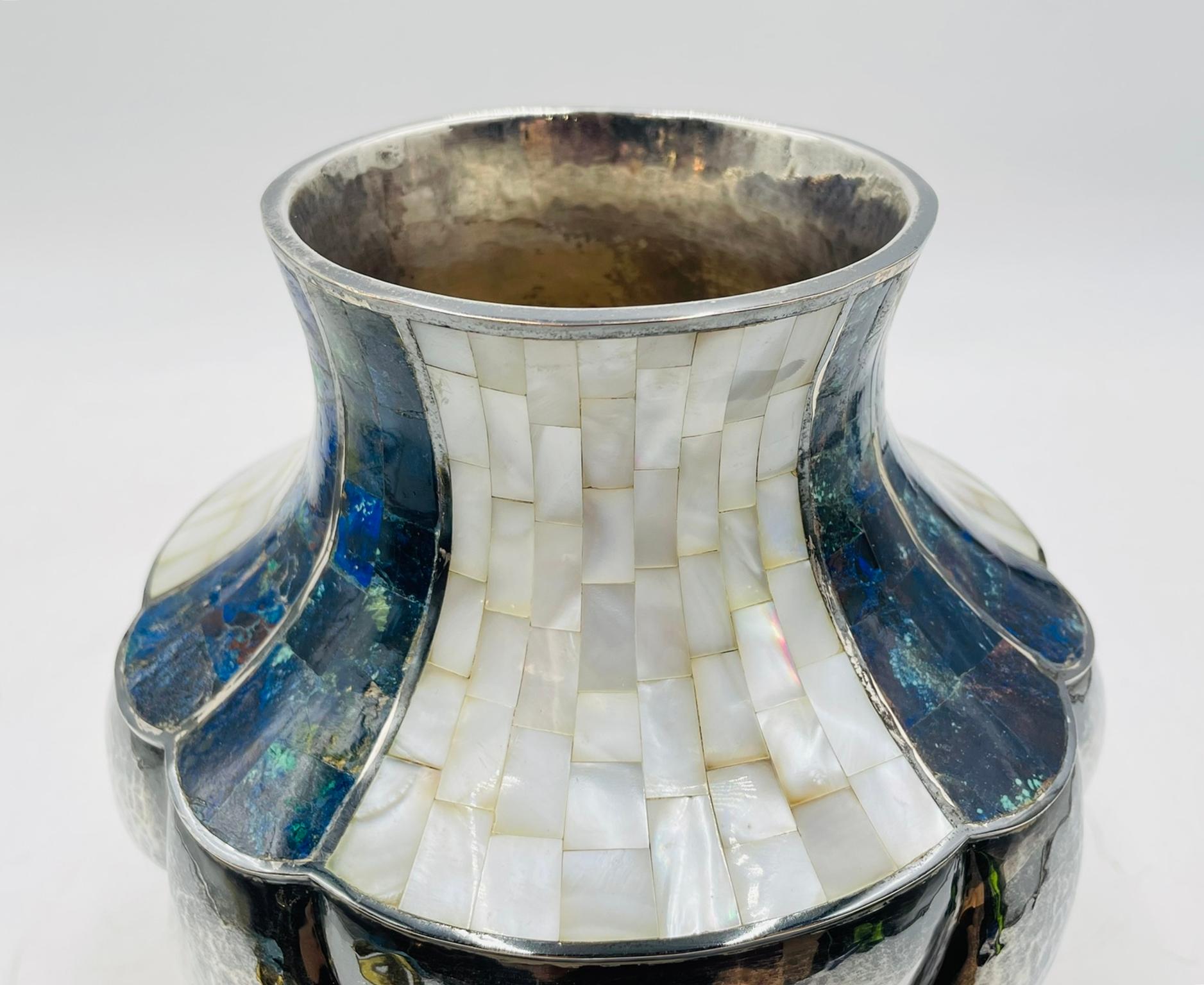 Los Castillo Studio Vase with Inlay and Hammered Finish, Mexico 1970's For Sale 3