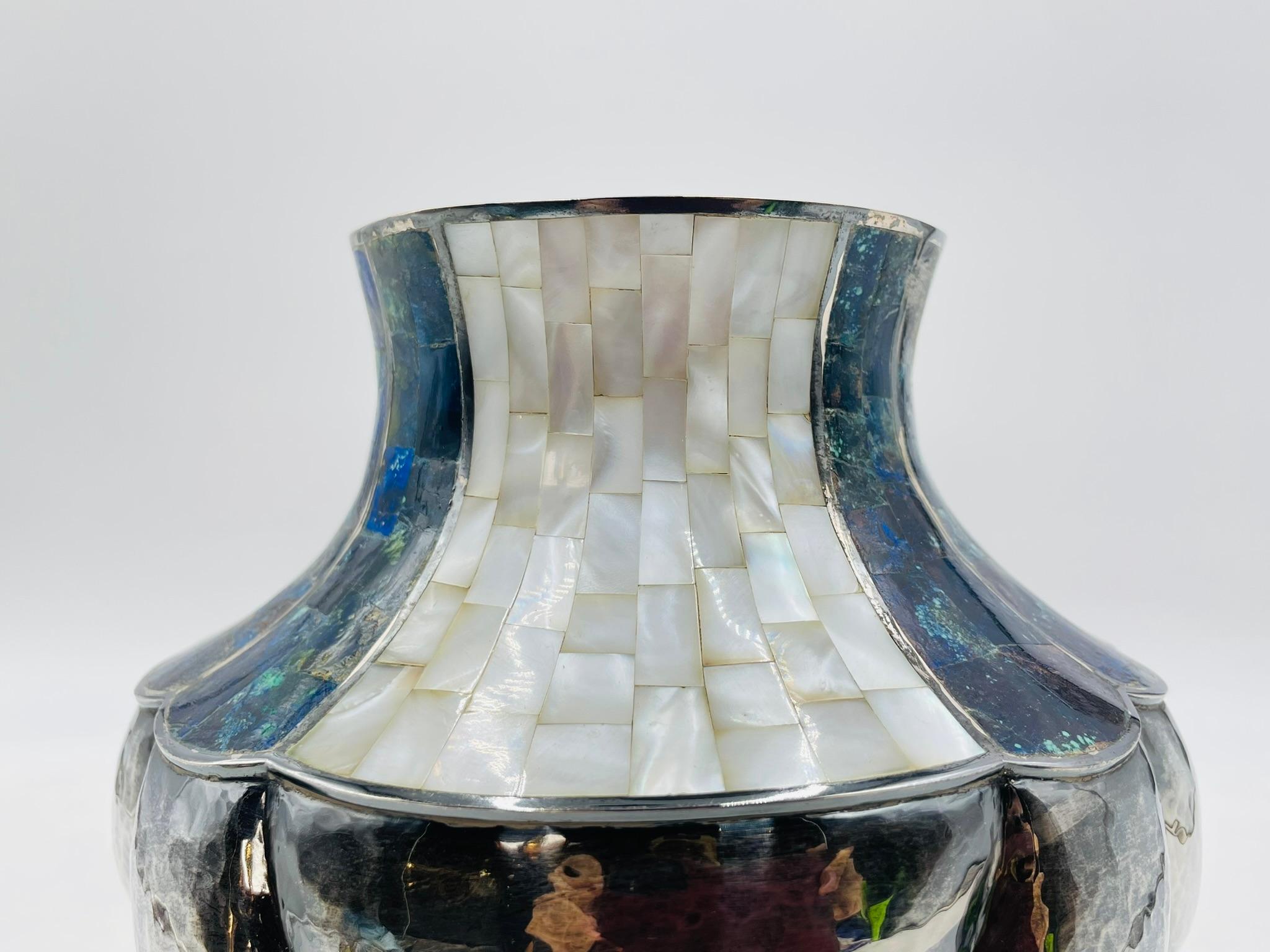 Los Castillo Studio Vase with Inlay and Hammered Finish, Mexico 1970's For Sale 4