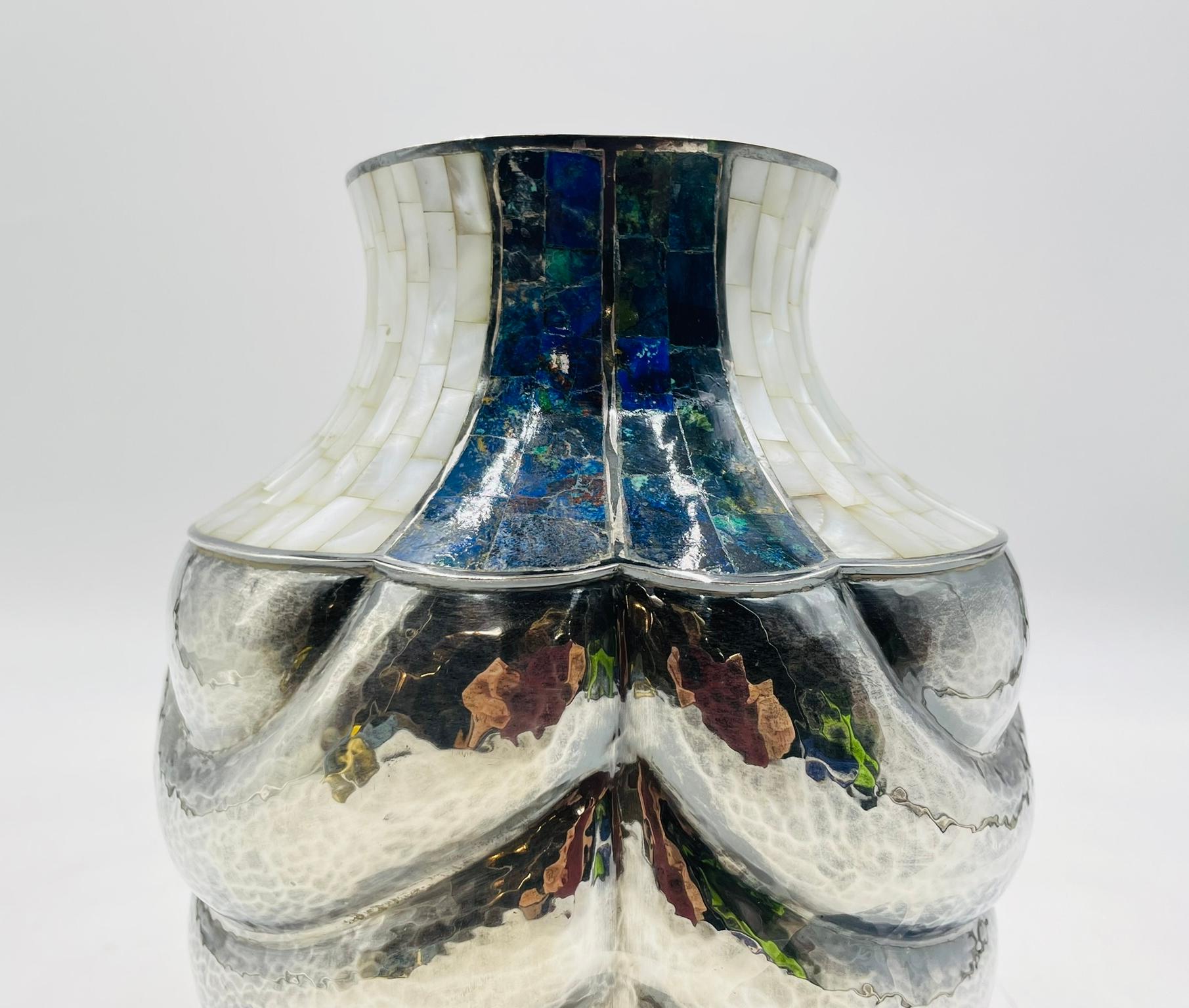 Los Castillo Studio Vase with Inlay and Hammered Finish, Mexico 1970's For Sale 5