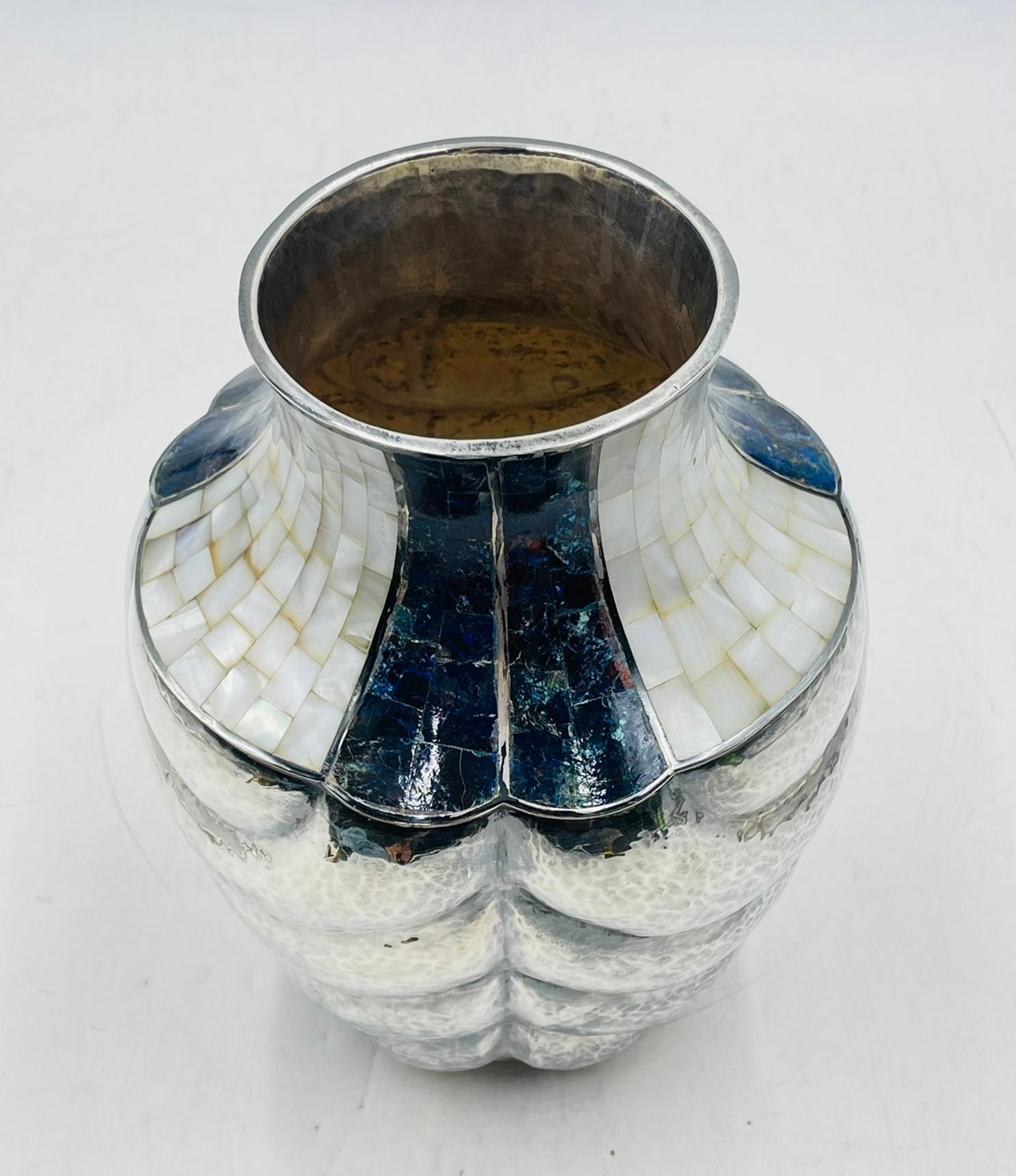 Mid-Century Modern Los Castillo Studio Vase with Inlay and Hammered Finish, Mexico 1970's For Sale