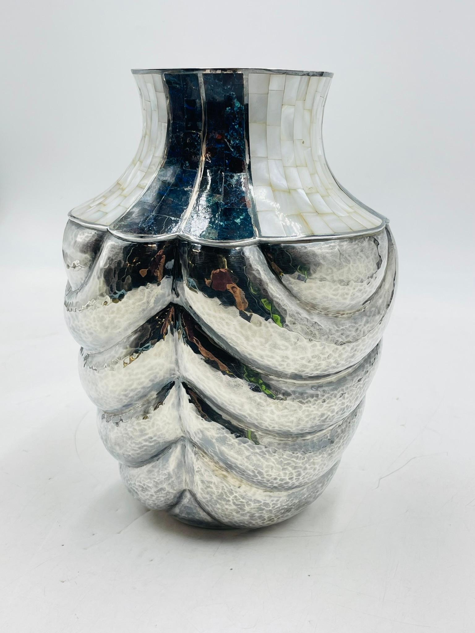 Mexican Los Castillo Studio Vase with Inlay and Hammered Finish, Mexico 1970's For Sale