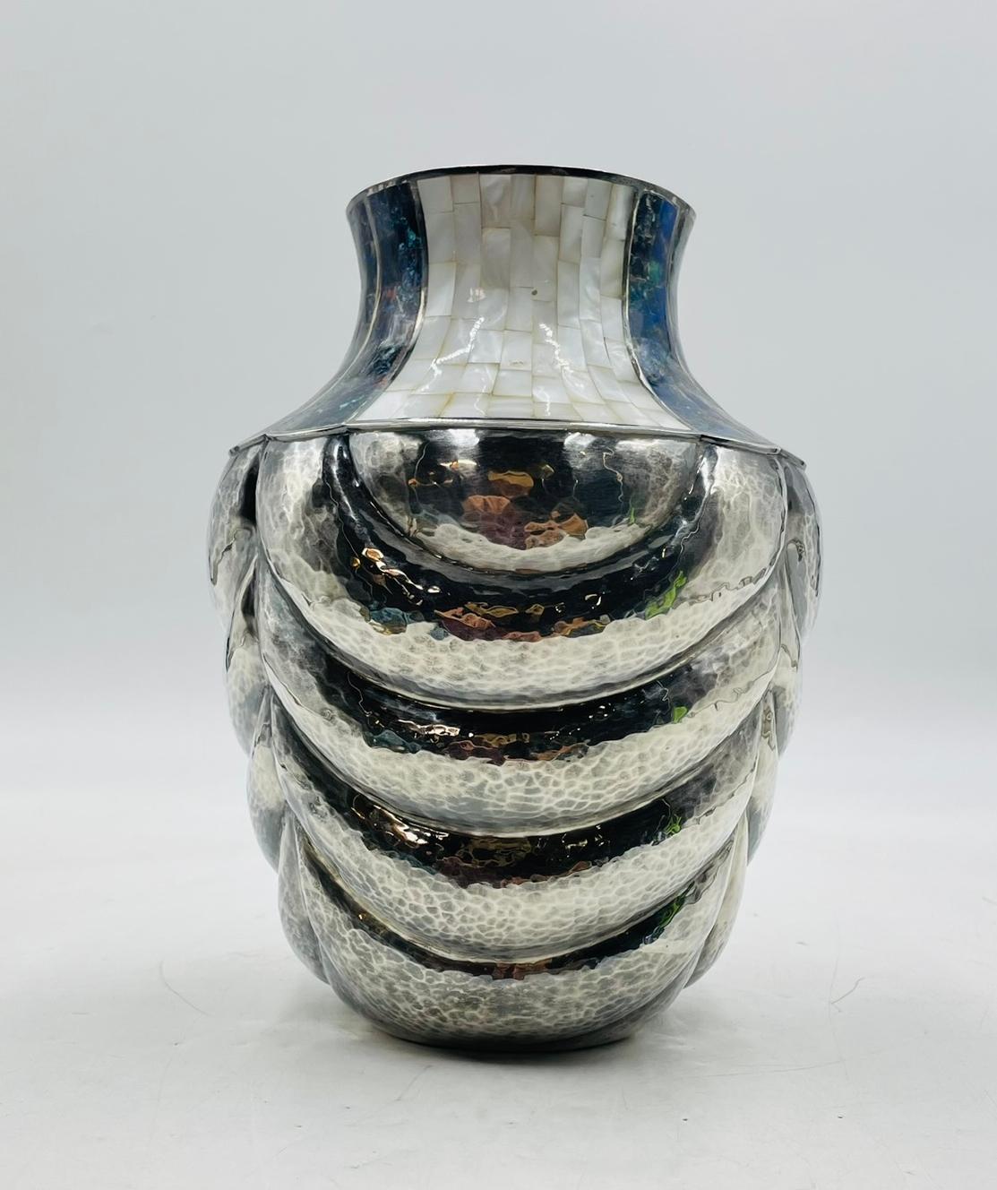 Hand-Crafted Los Castillo Studio Vase with Inlay and Hammered Finish, Mexico 1970's For Sale