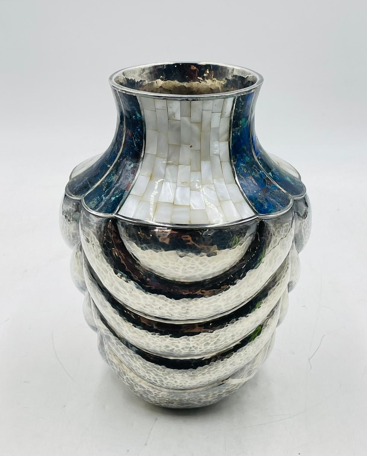 Silver Plate Los Castillo Studio Vase with Inlay and Hammered Finish, Mexico 1970's For Sale